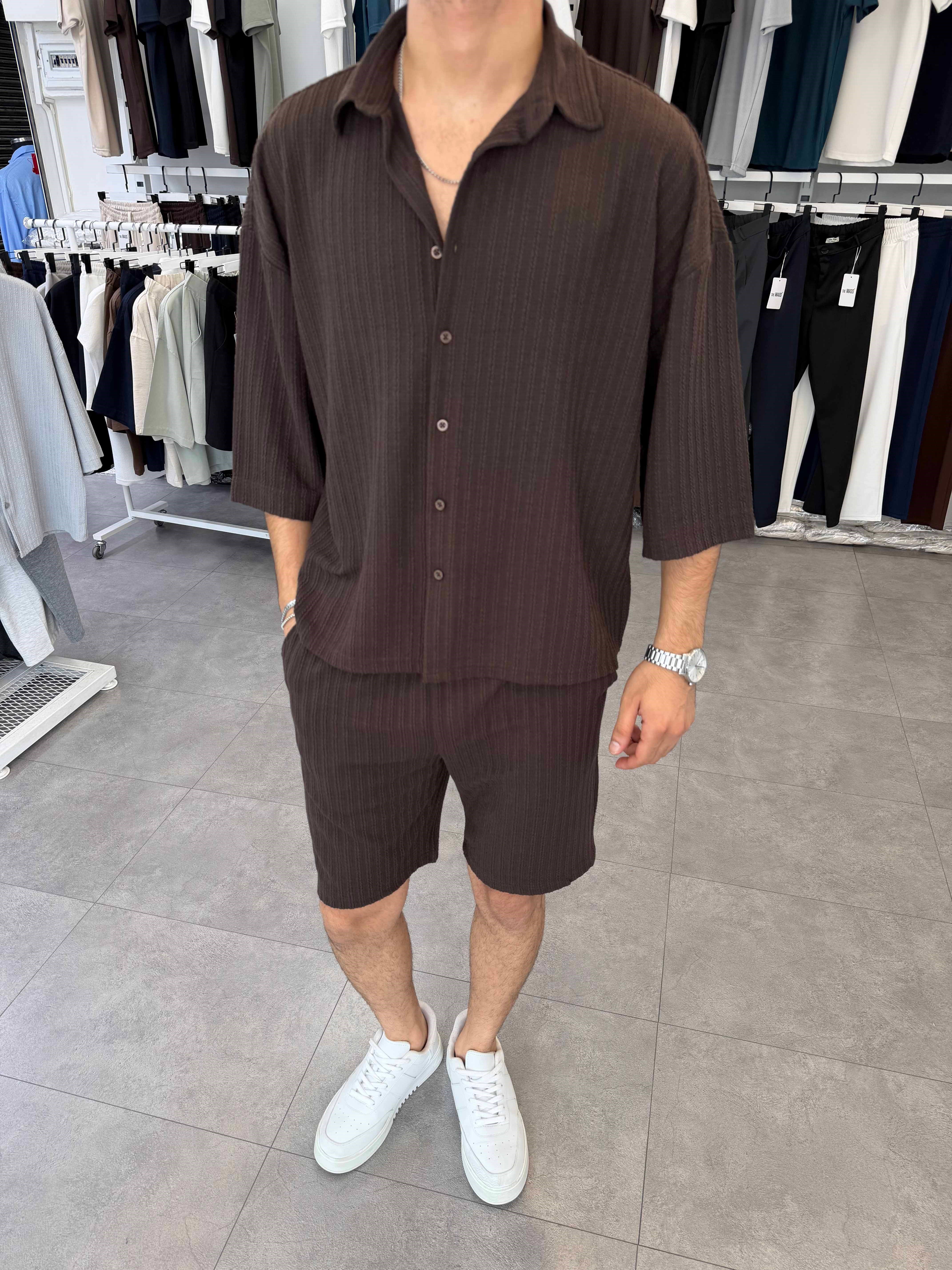 İthal Oversize Crop Kesim Şortlu Takım Kahverengi