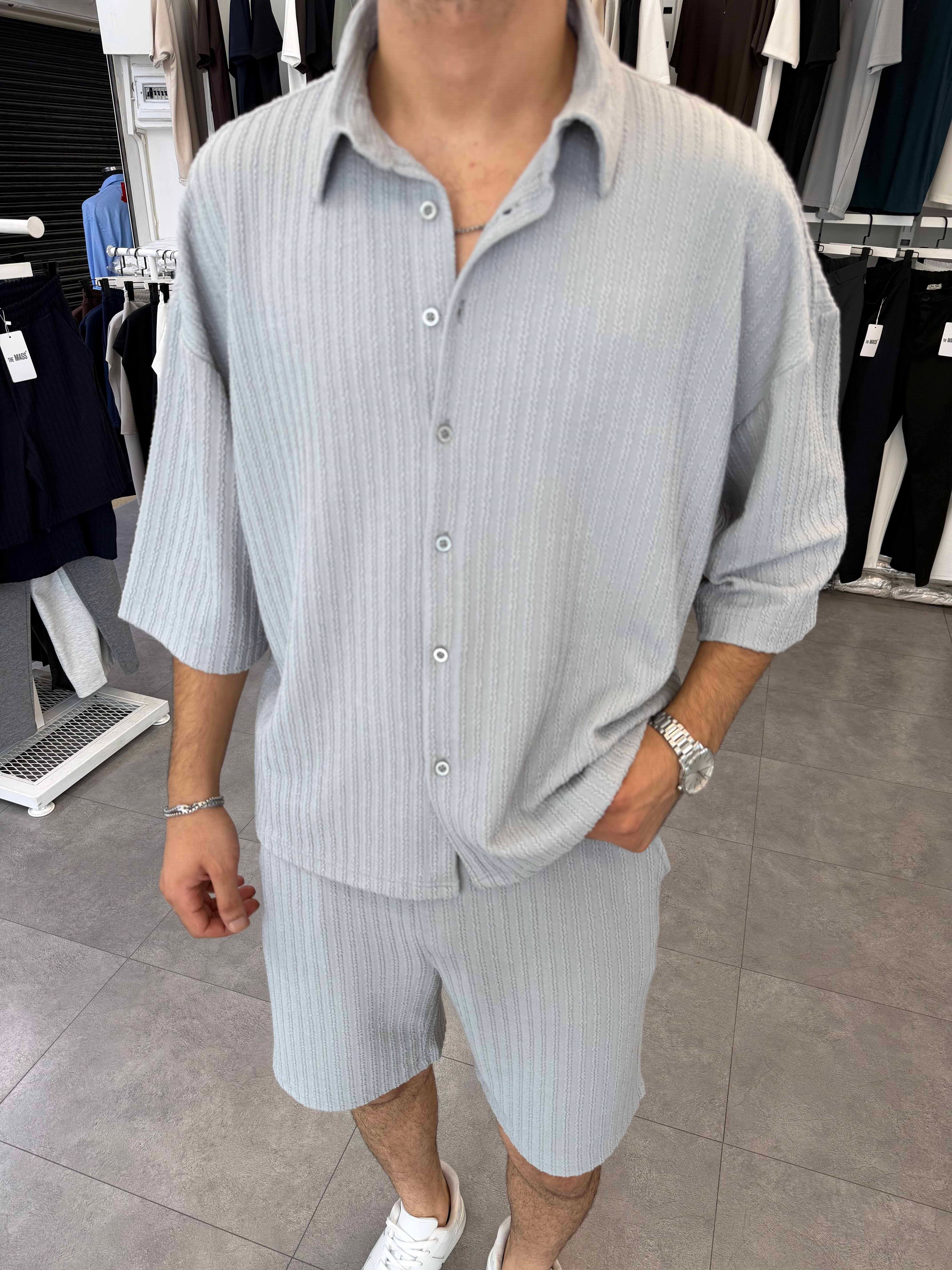 İthal Oversize Crop Kesim Şortlu Takım Gri