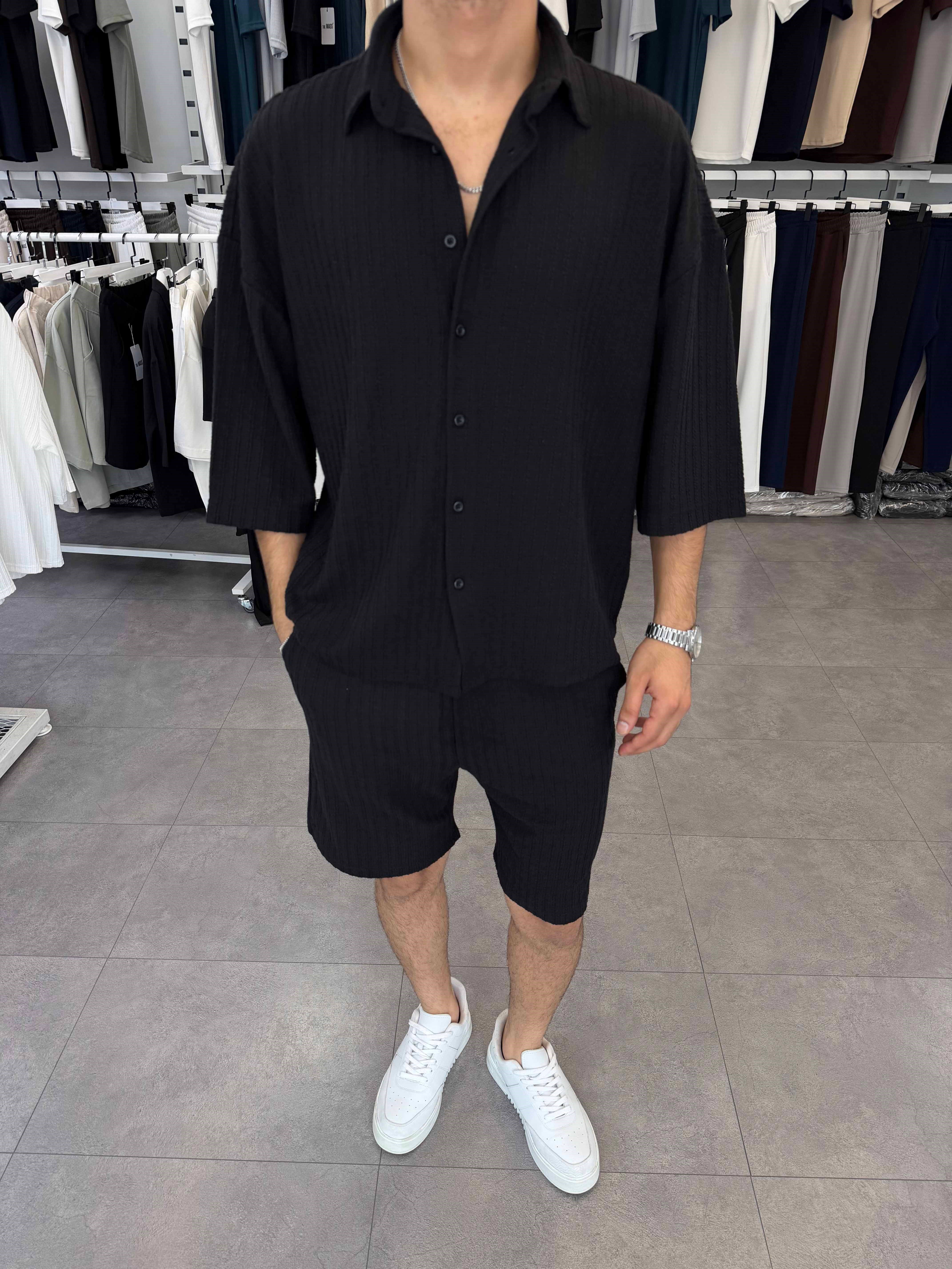 İthal Oversize Crop Kesim Şortlu Takım Siyah