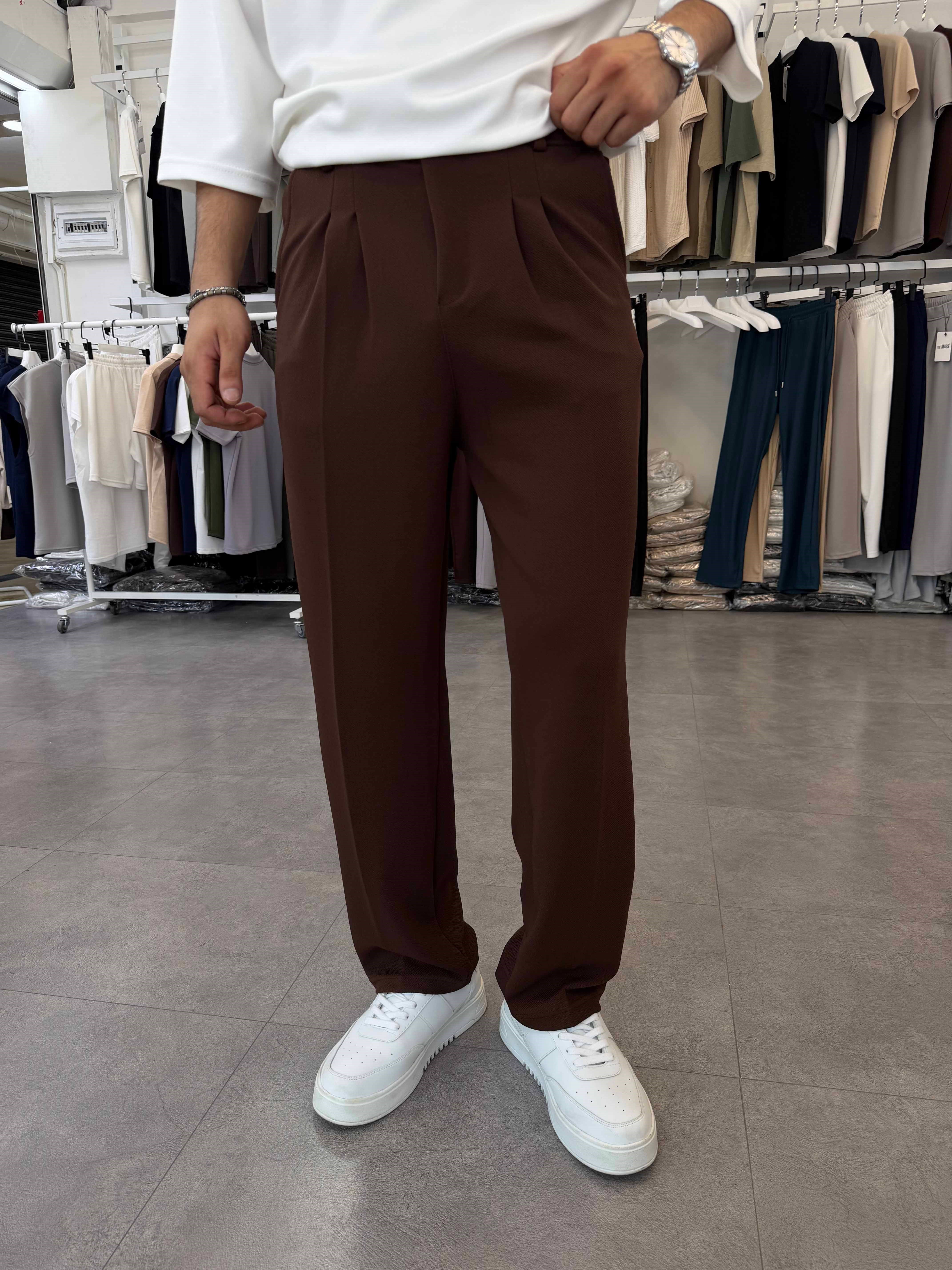 İthal Pileli Krep Baggy Pantolon Acı Kahve