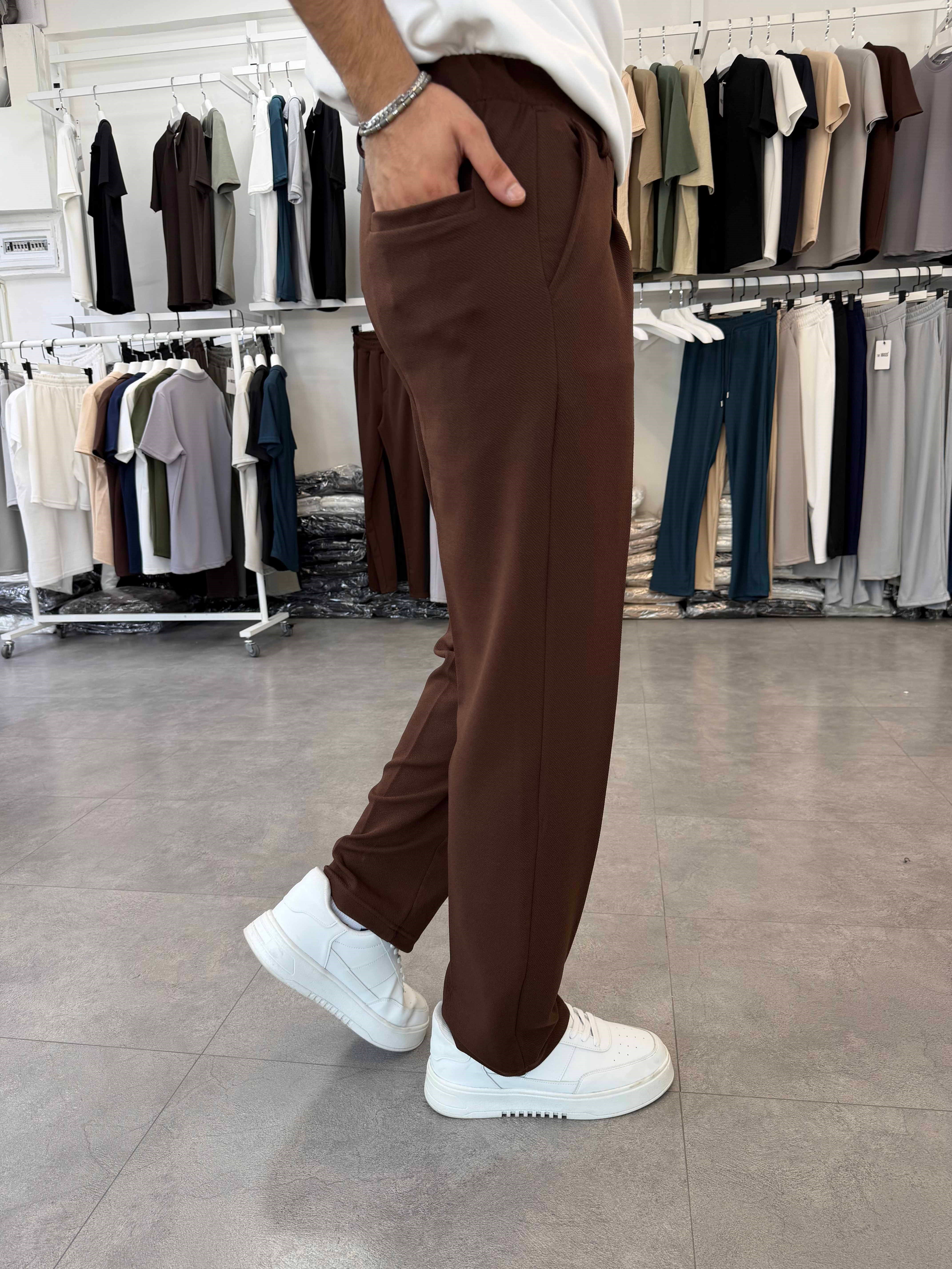 İthal Pileli Krep Baggy Pantolon Acı Kahve