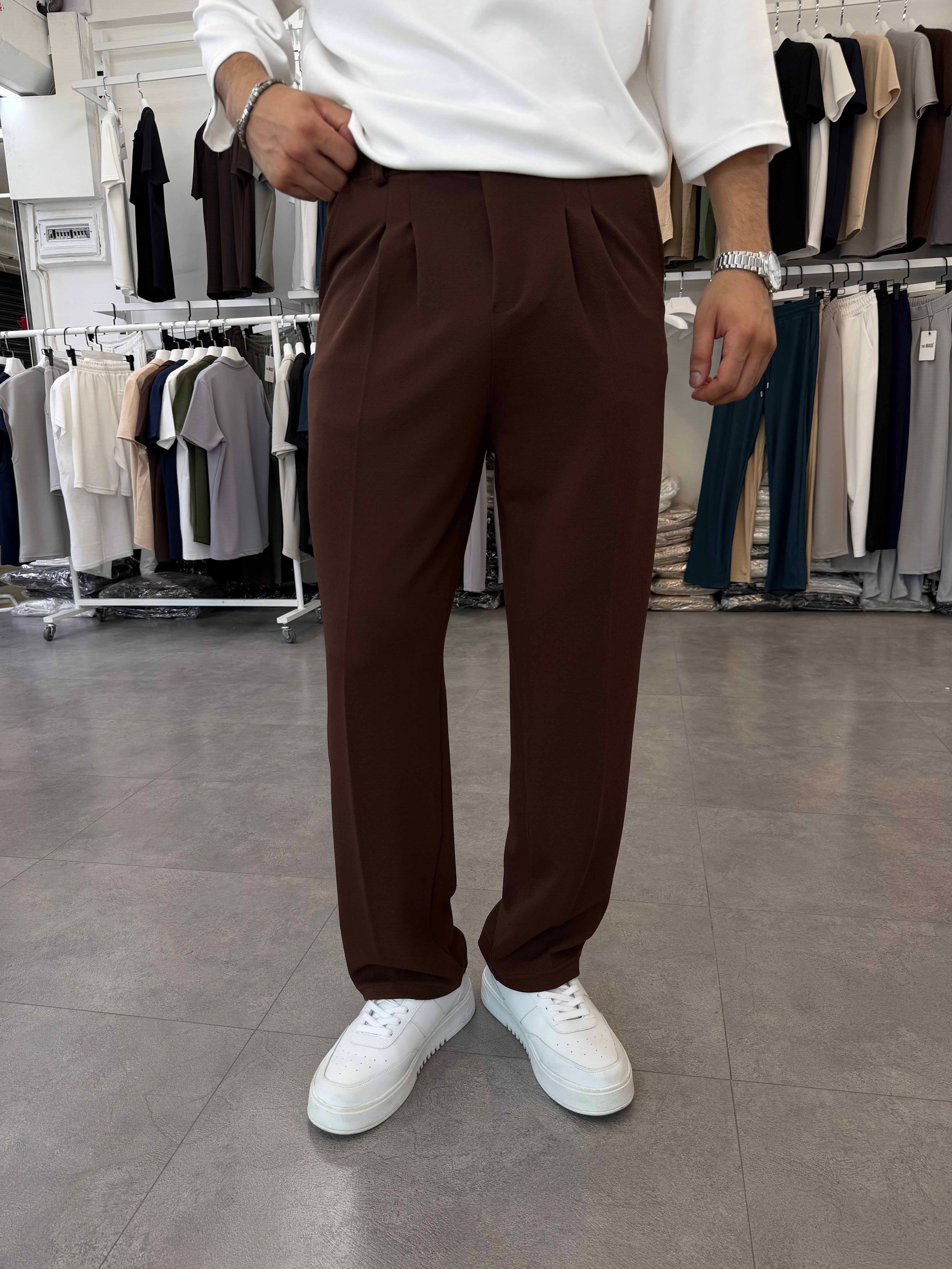 İthal Pileli Krep Baggy Pantolon Acı Kahve