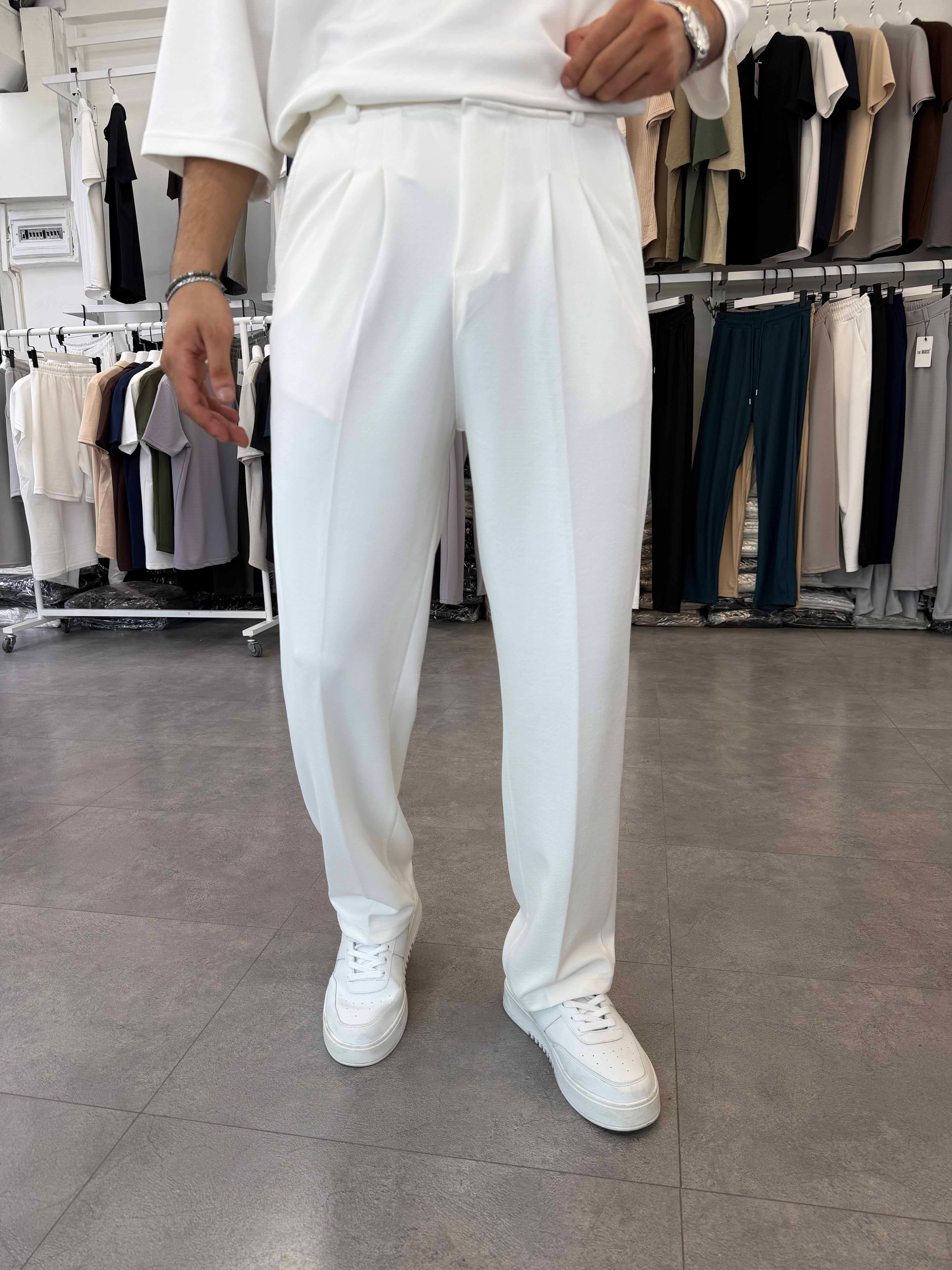 İthal Pileli Krep Baggy Pantolon Beyaz