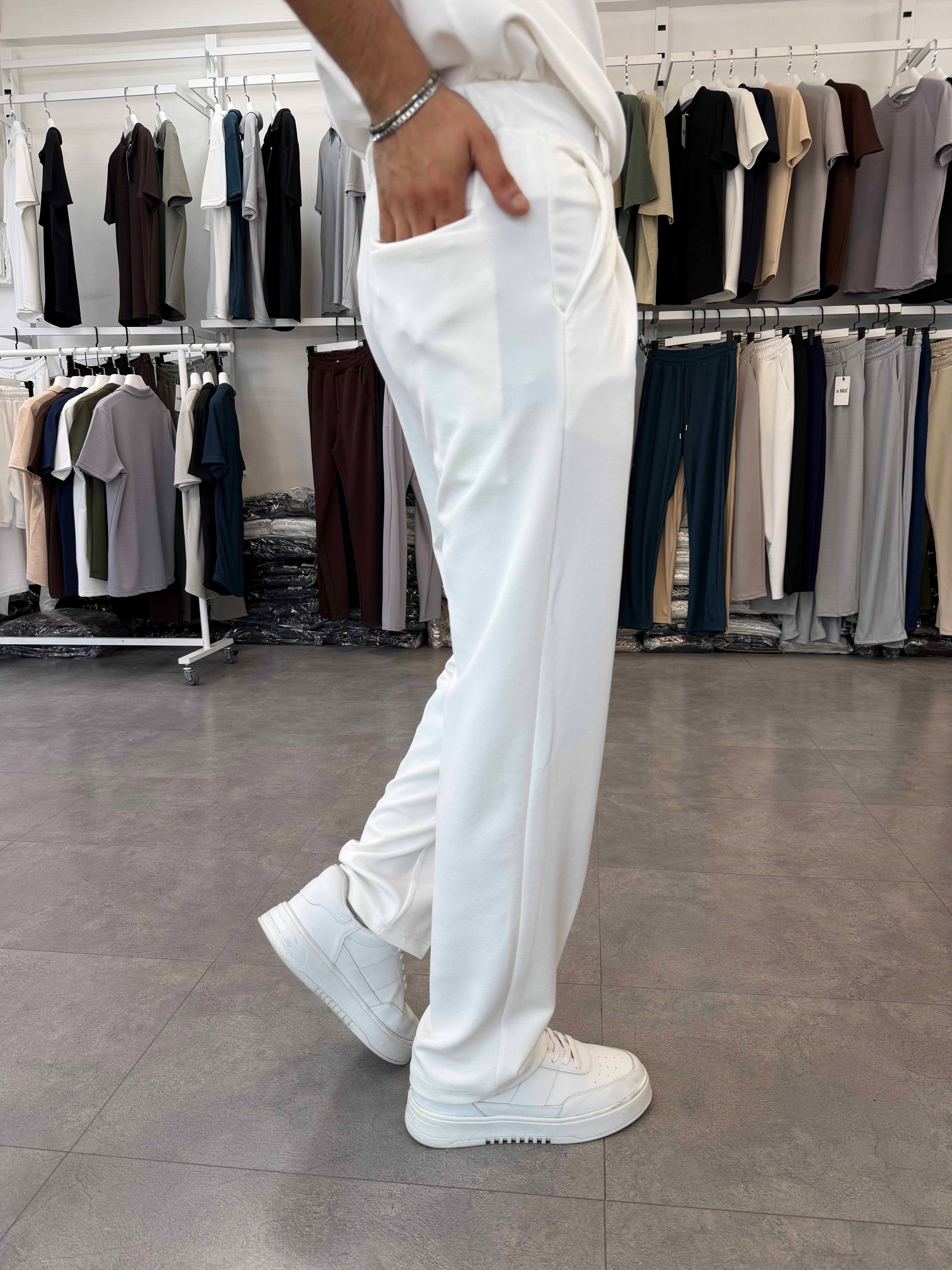 İthal Pileli Krep Baggy Pantolon Beyaz