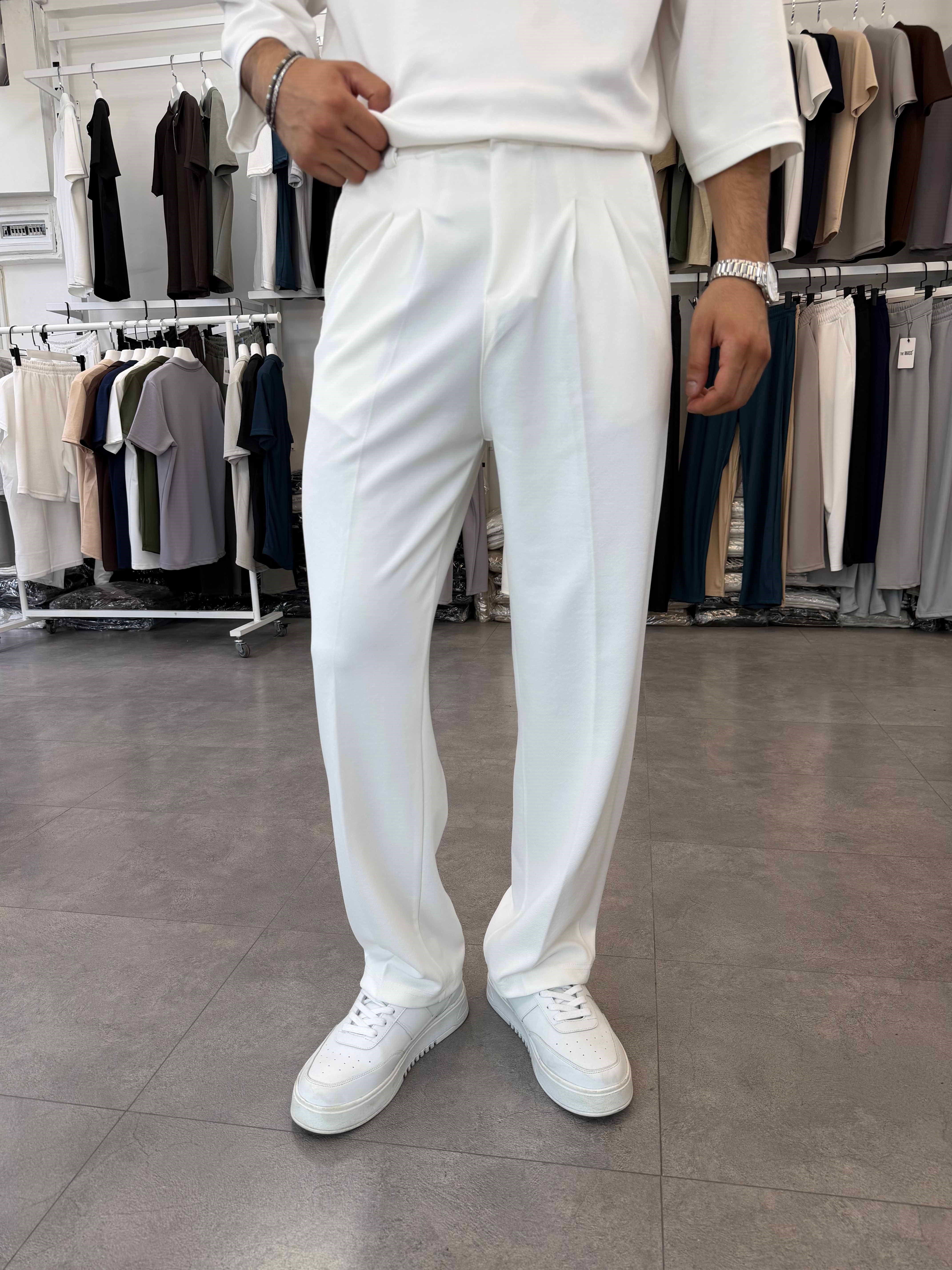 İthal Pileli Krep Baggy Pantolon Beyaz
