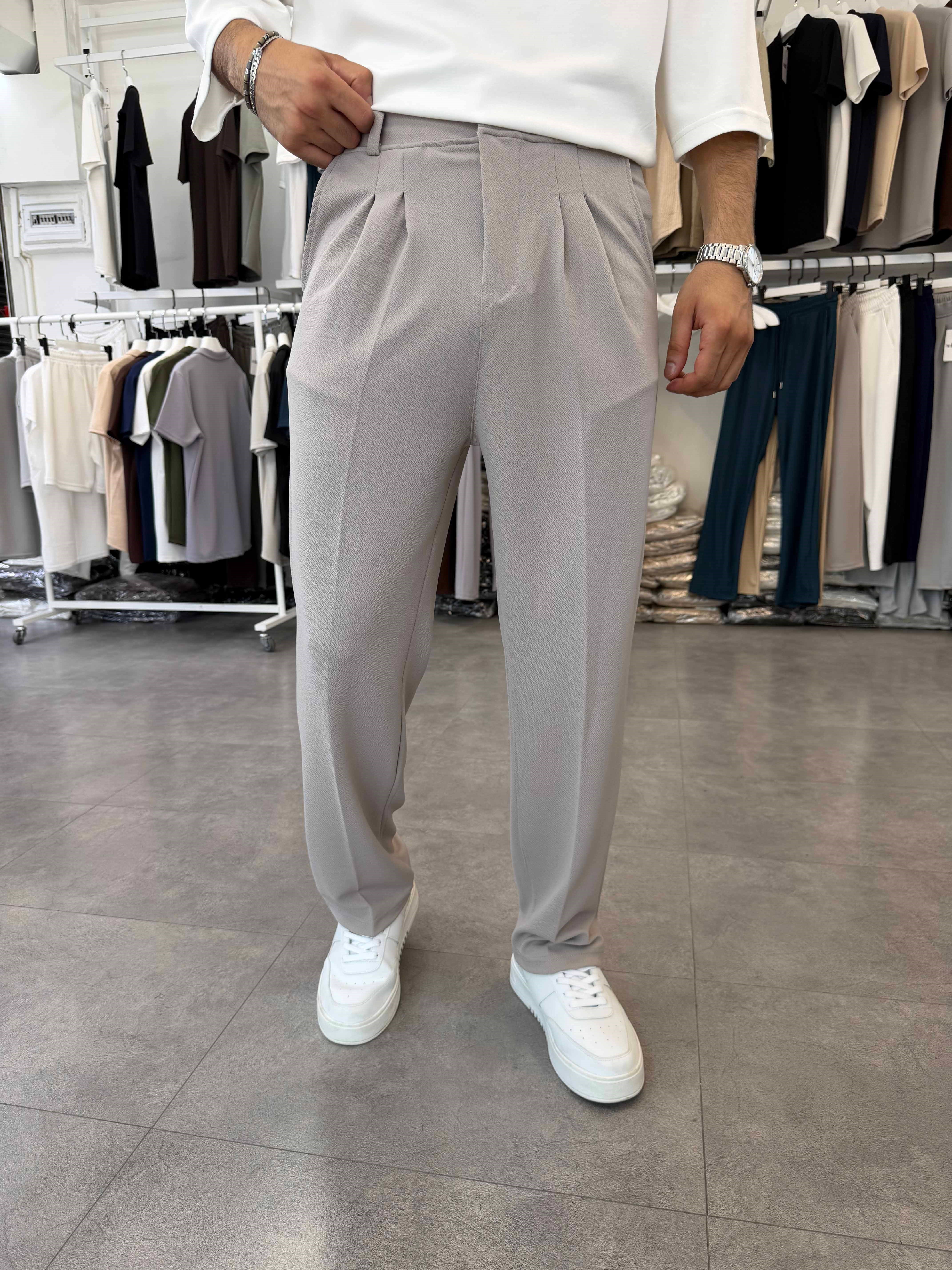 İthal Pileli Krep Baggy Pantolon Gri