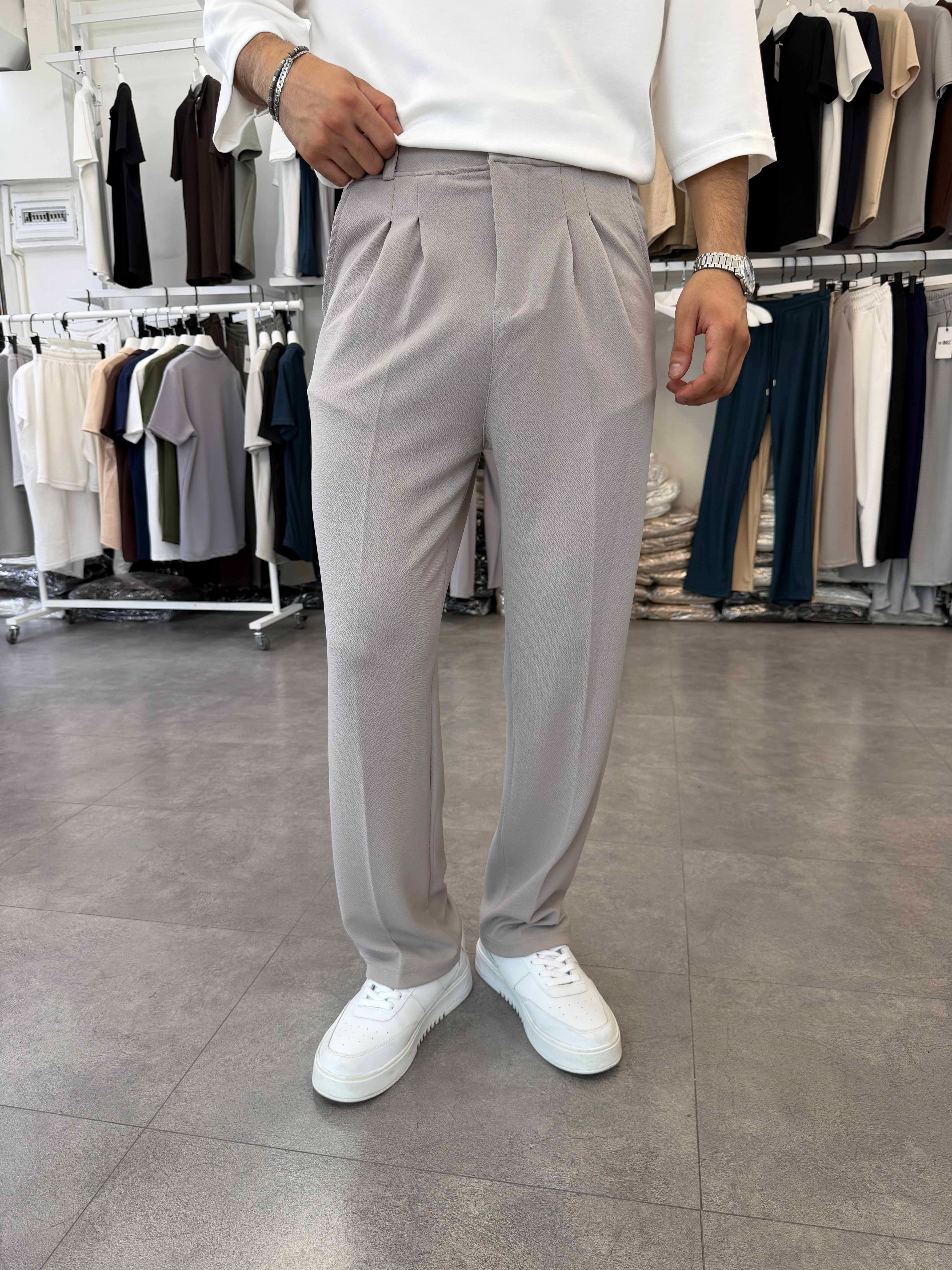 İthal Pileli Krep Baggy Pantolon Gri