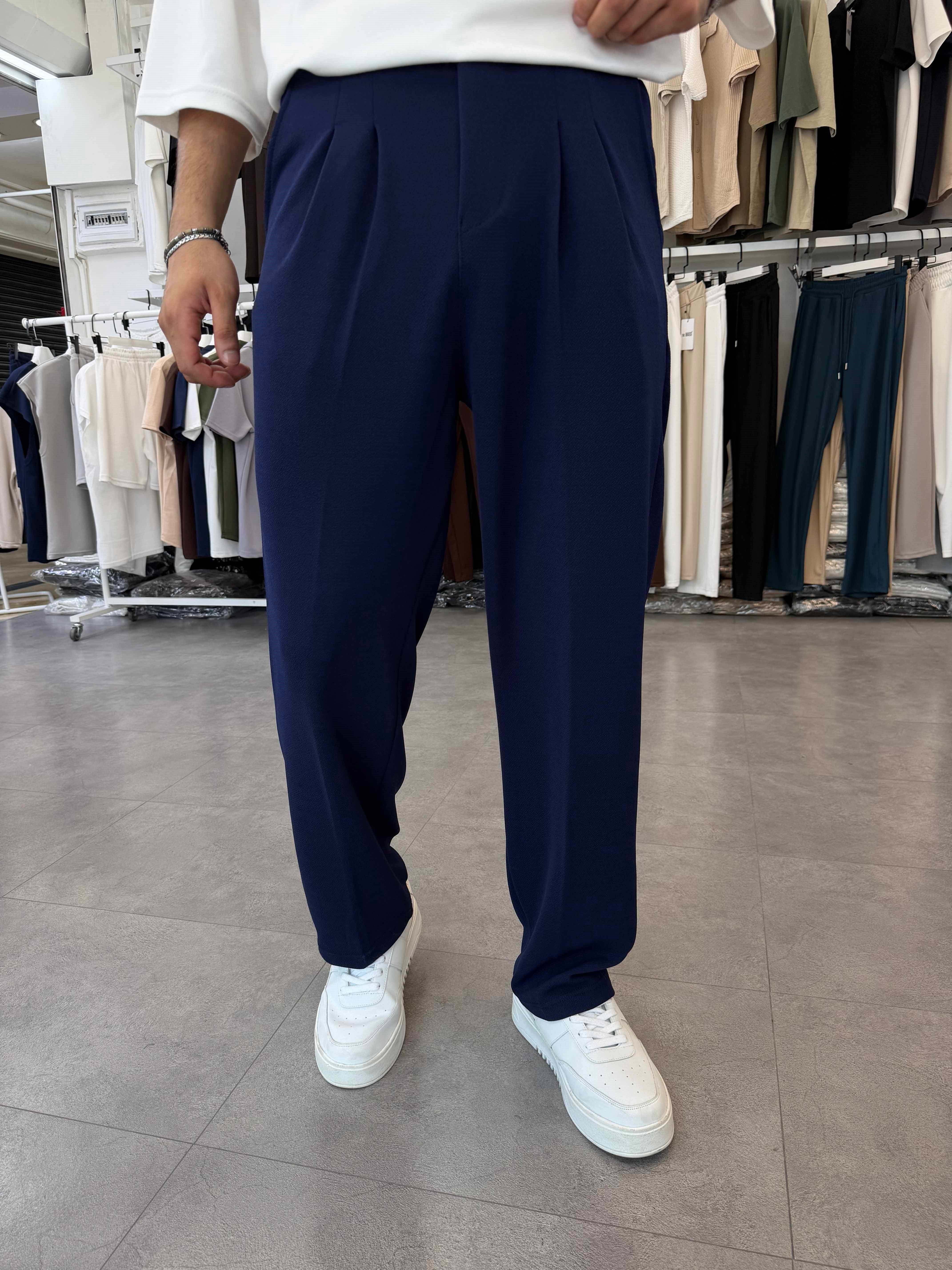 İthal Pileli Krep Baggy Pantolon Lacivert