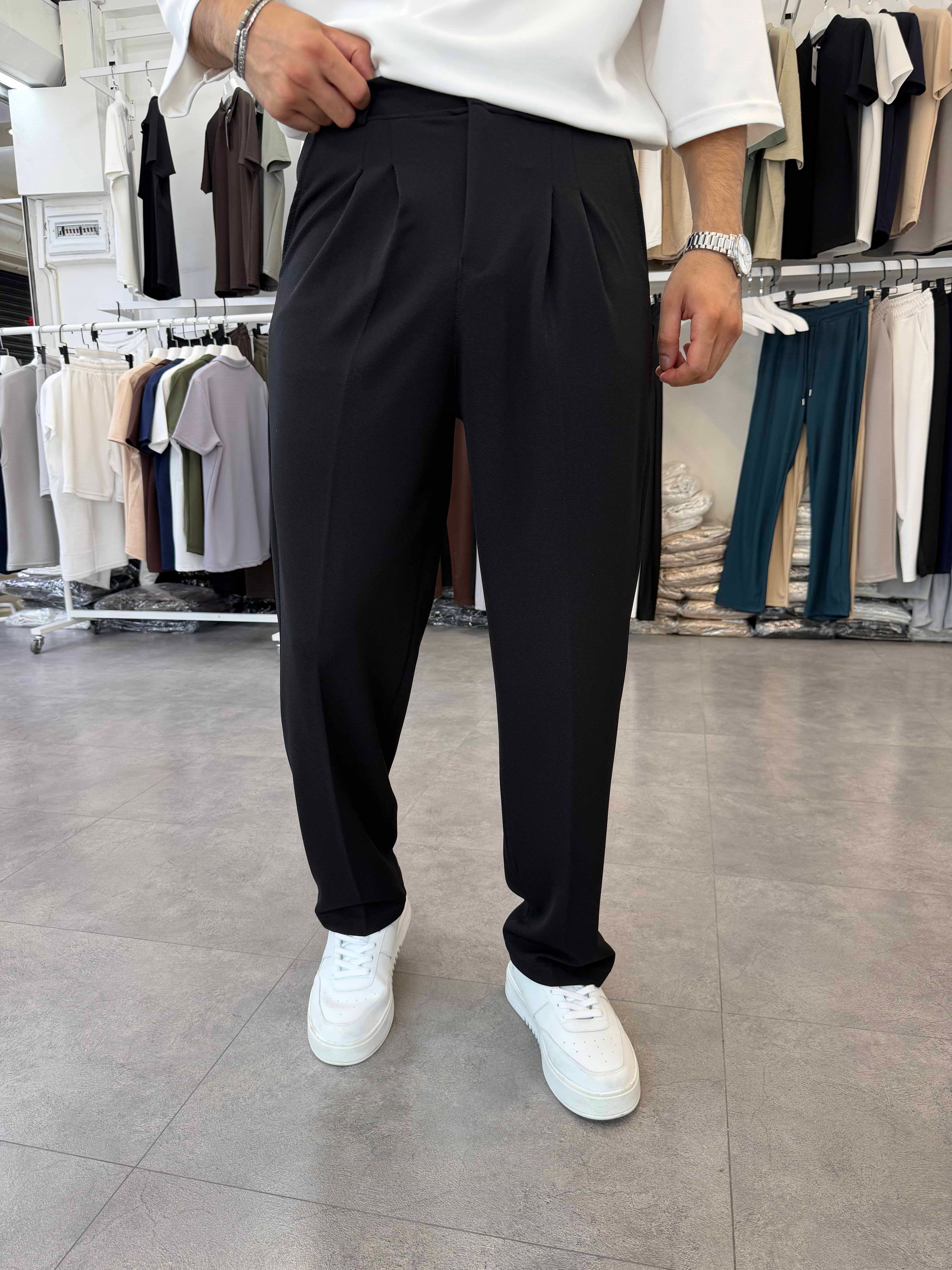 İthal Pileli Krep Baggy Pantolon Siyah