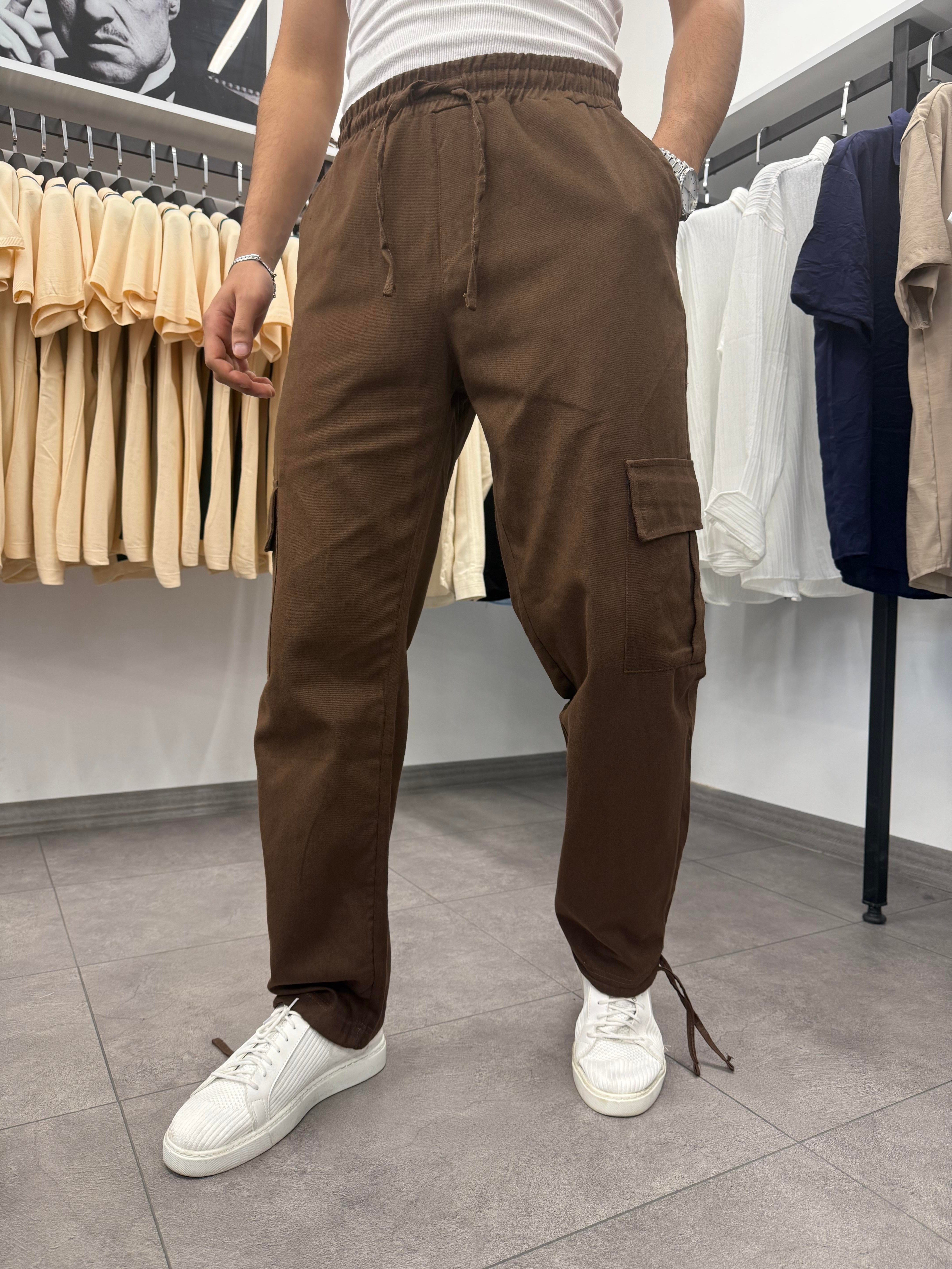 Kargo Cepli Gabardin Kumaş Paça Ayarlanabilir Keten Pantolon Kahverengi