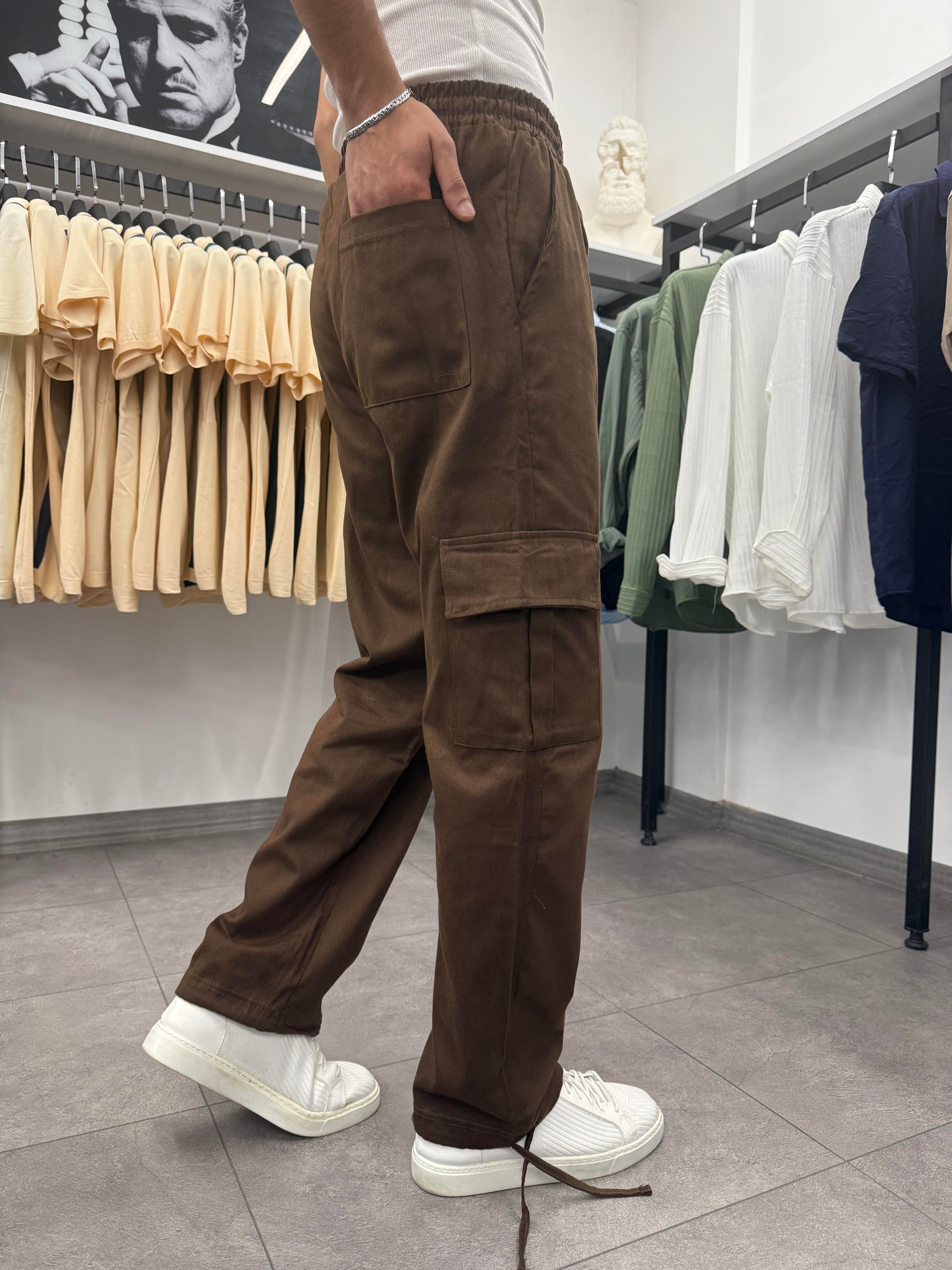 Kargo Cepli Gabardin Kumaş Paça Ayarlanabilir Keten Pantolon Kahverengi