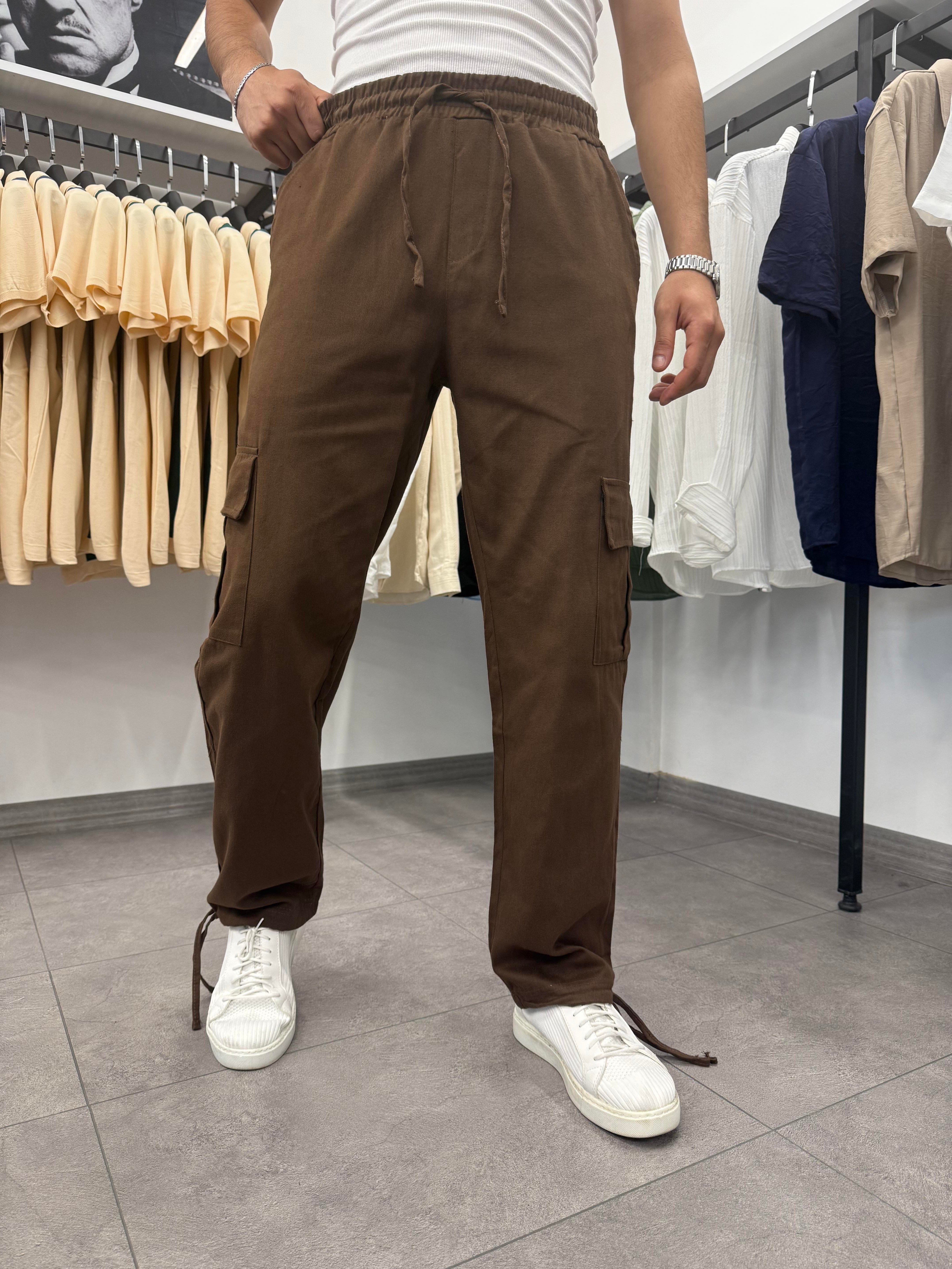 Kargo Cepli Gabardin Kumaş Paça Ayarlanabilir Keten Pantolon Kahverengi