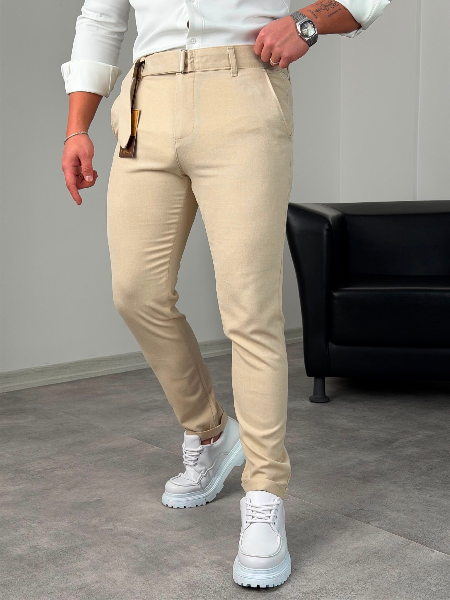 Kemerli Duble Paça Pantolon Bej