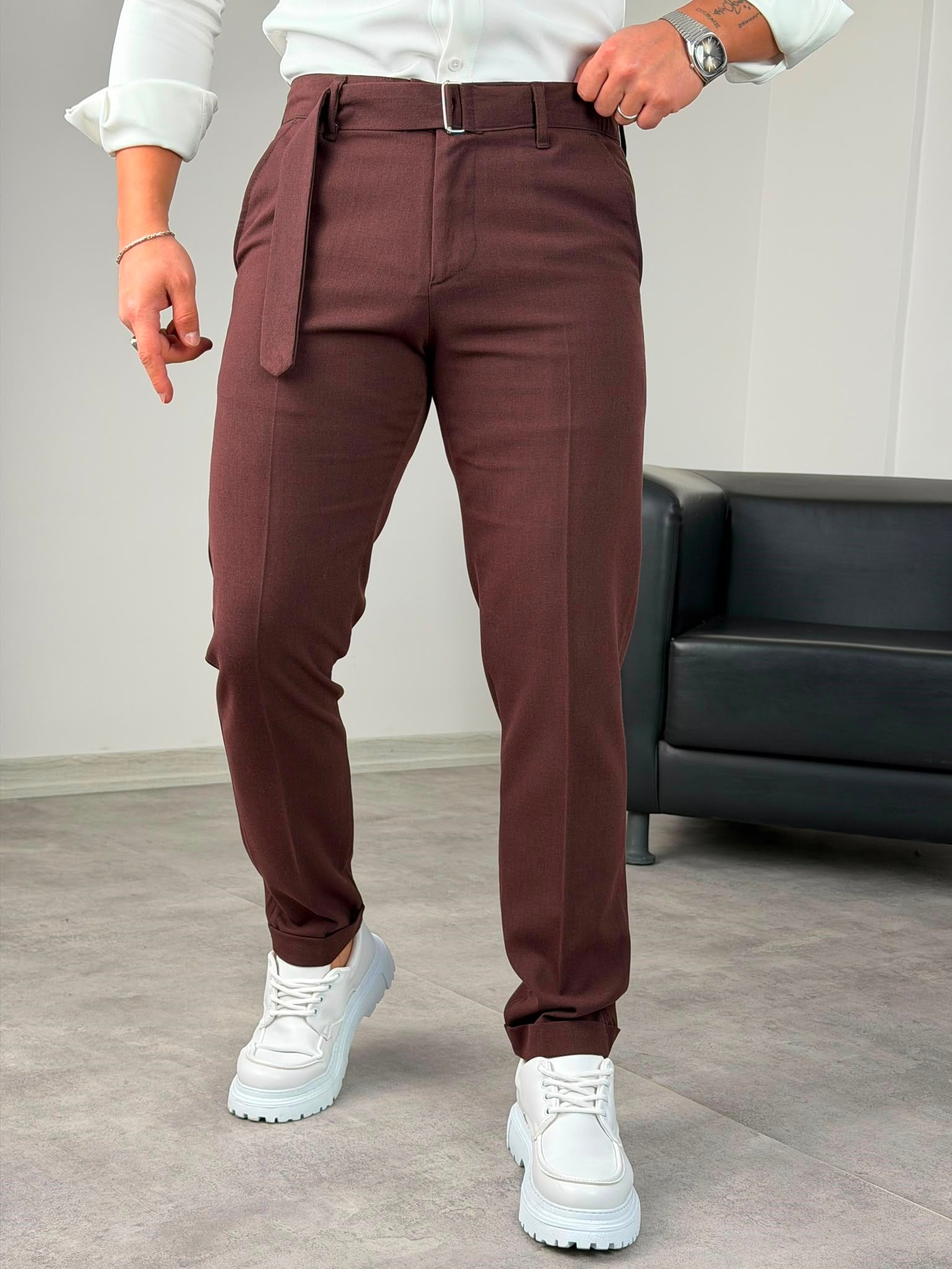 Kemerli Duble Paça Pantolon Bordo