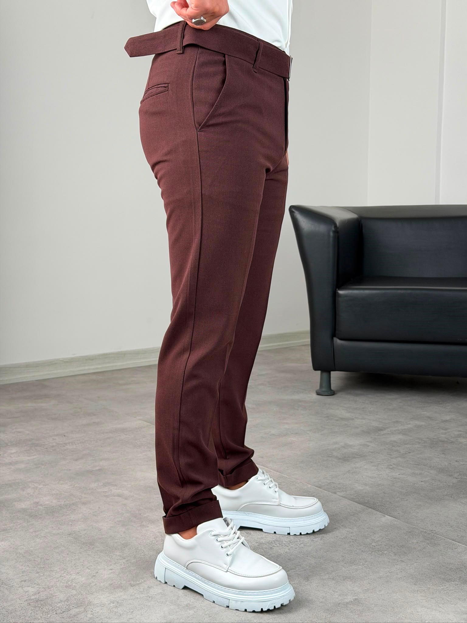 Kemerli Duble Paça Pantolon Bordo