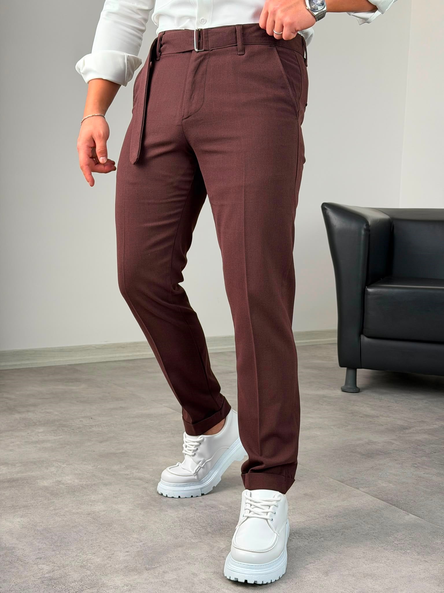 Kemerli Duble Paça Pantolon Bordo