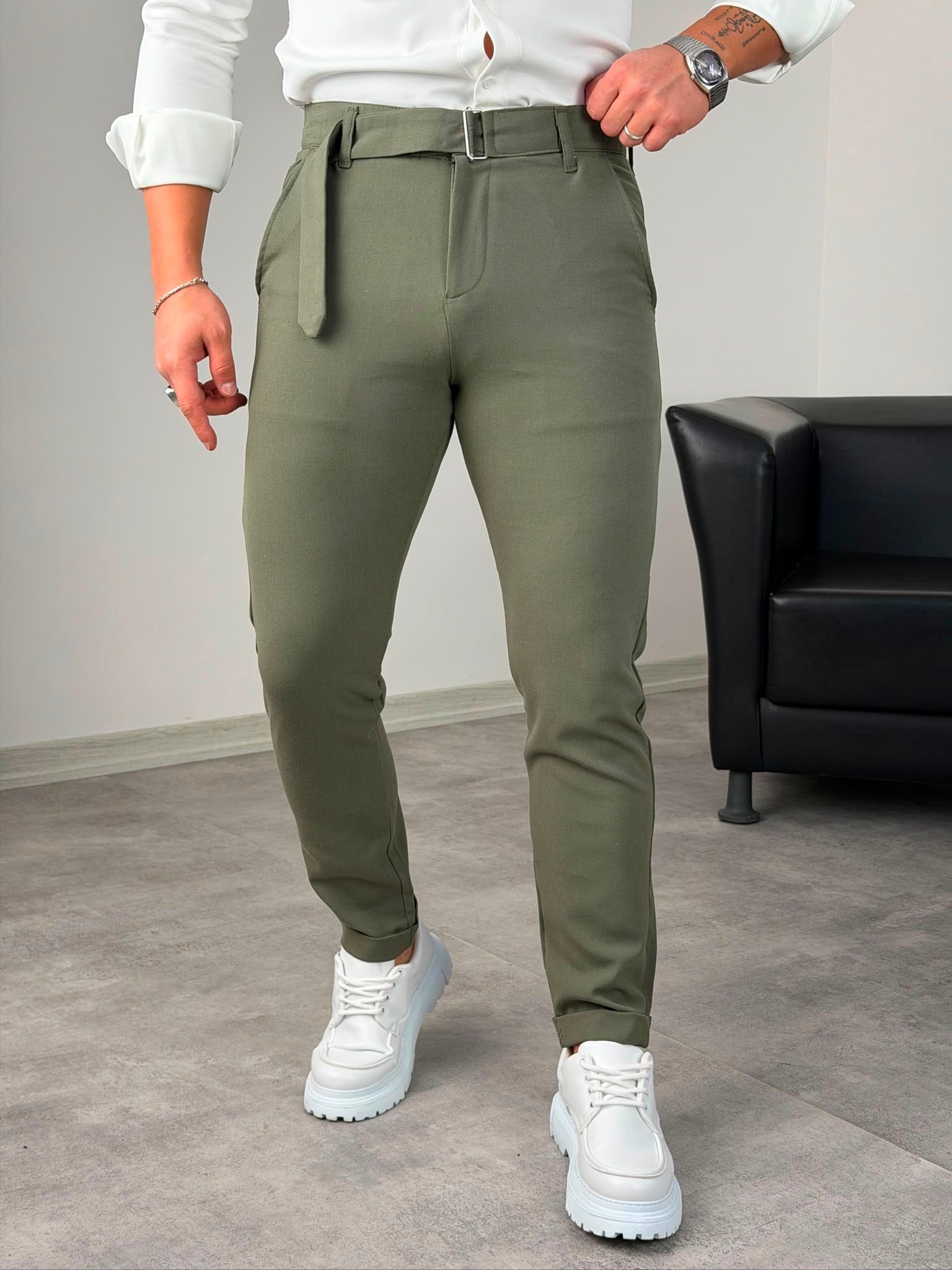 Kemerli Duble Paça Pantolon Haki