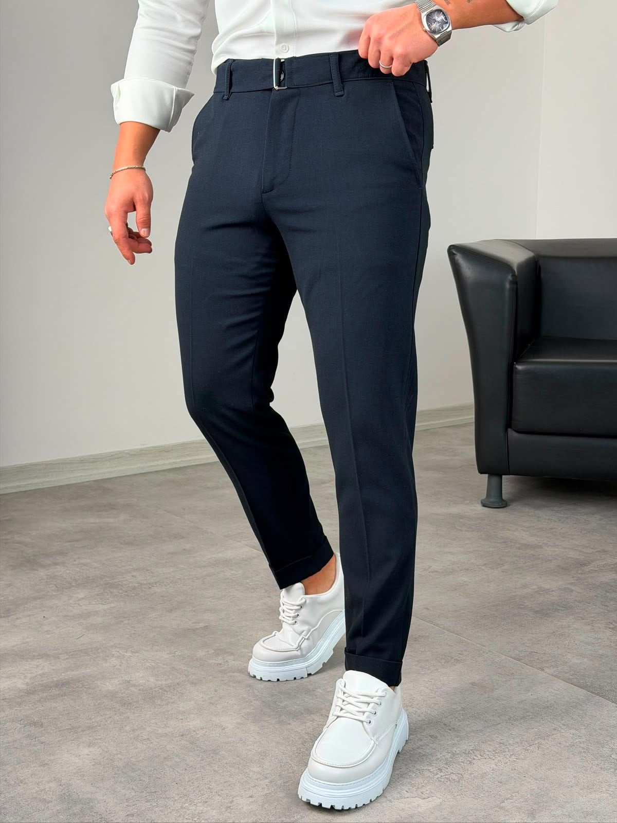 Kemerli Duble Paça Pantolon Lacivert
