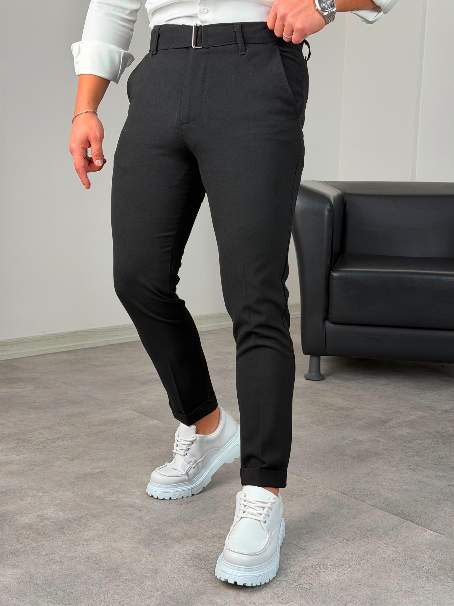 Kemerli Duble Paça Pantolon Siyah