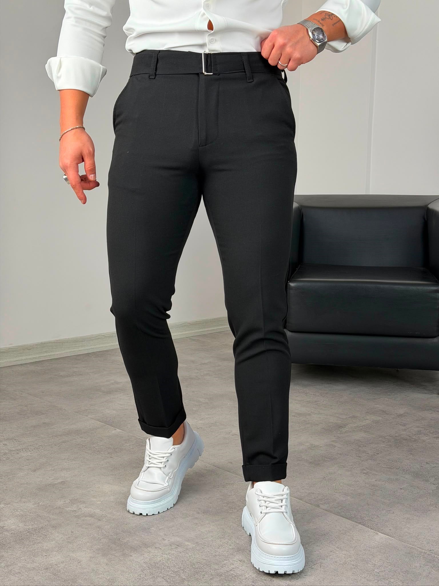 Kemerli Duble Paça Pantolon Siyah