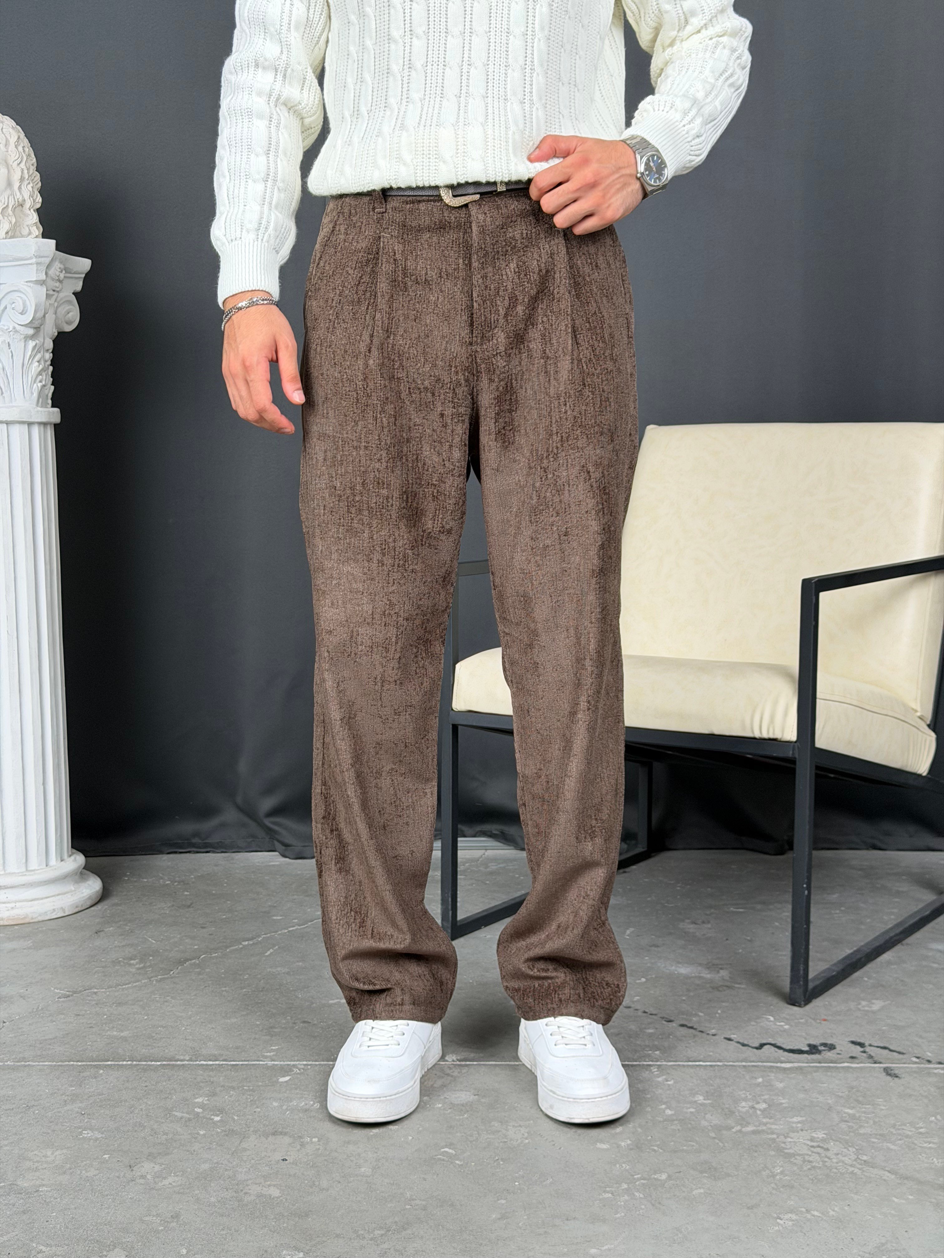 Kışlık Baggy Efektli Kadife Pantolon Acı Kahve