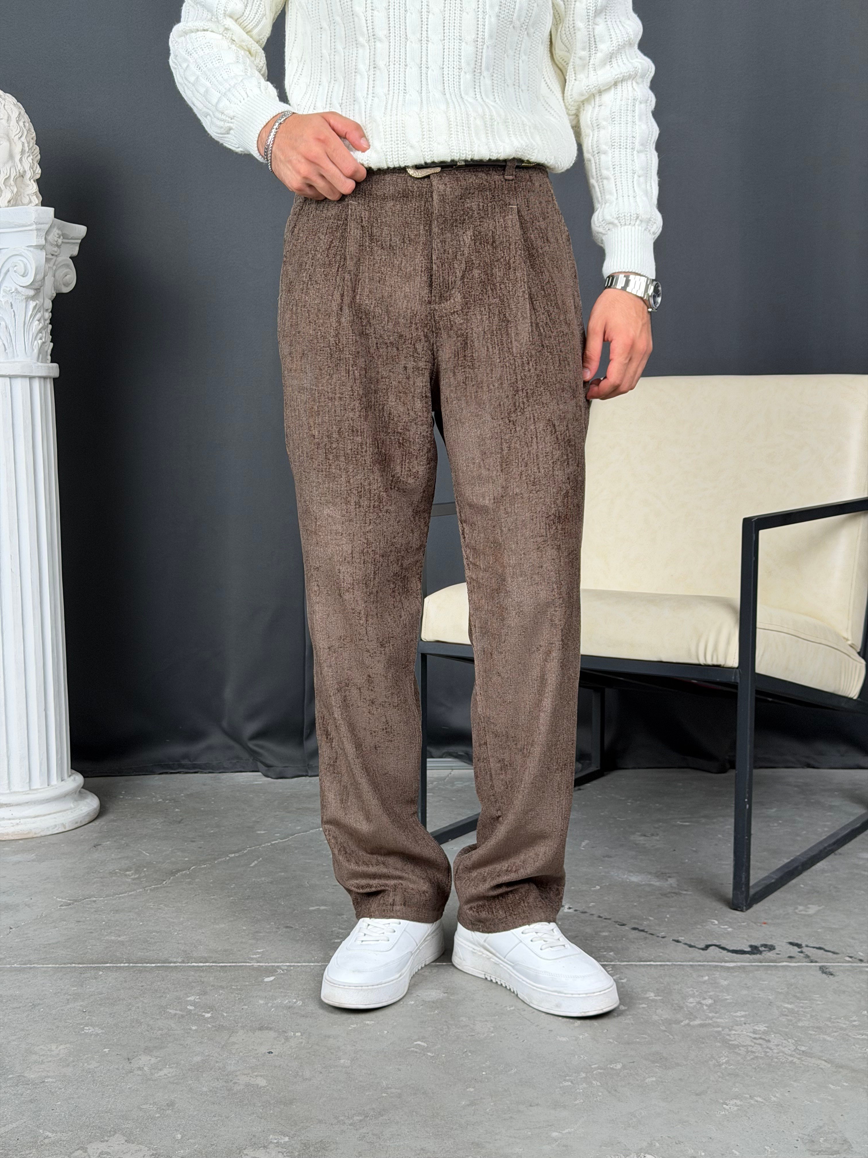 Kışlık Baggy Efektli Kadife Pantolon Acı Kahve