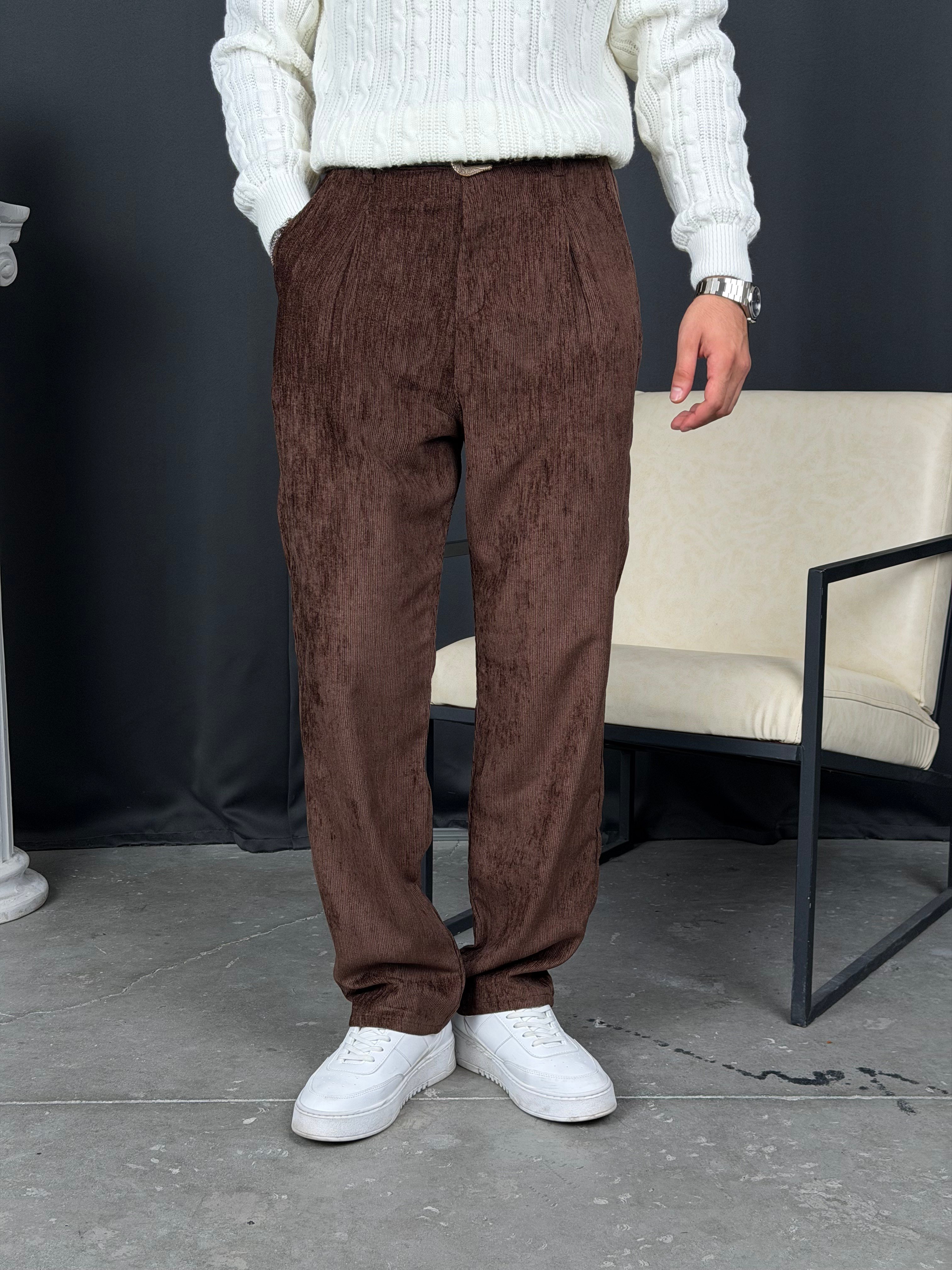 Kışlık Baggy Efektli Kadife Pantolon Kahve
