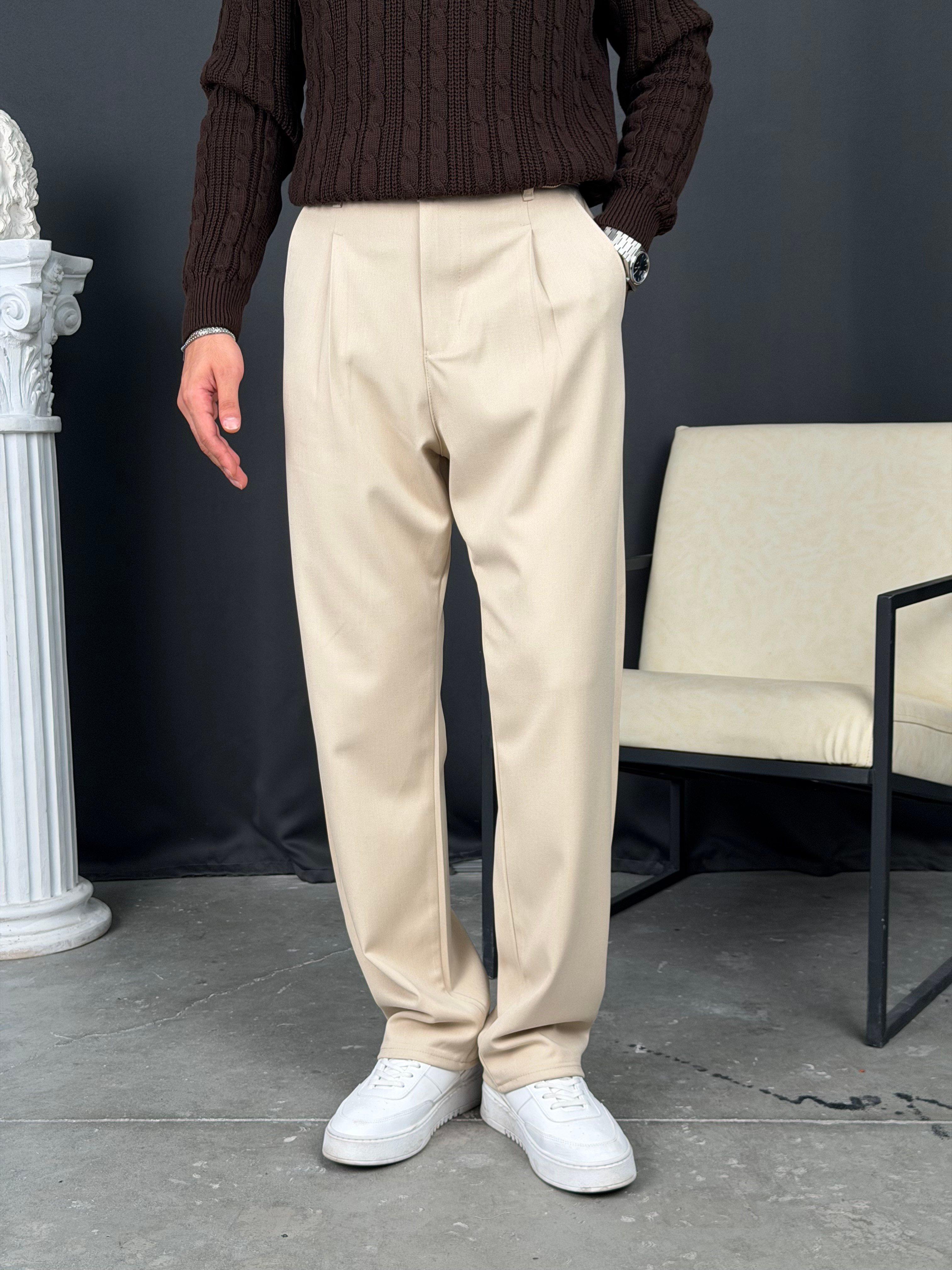 Kışlık Pileli Gabardin Baggy Pantolon Bej