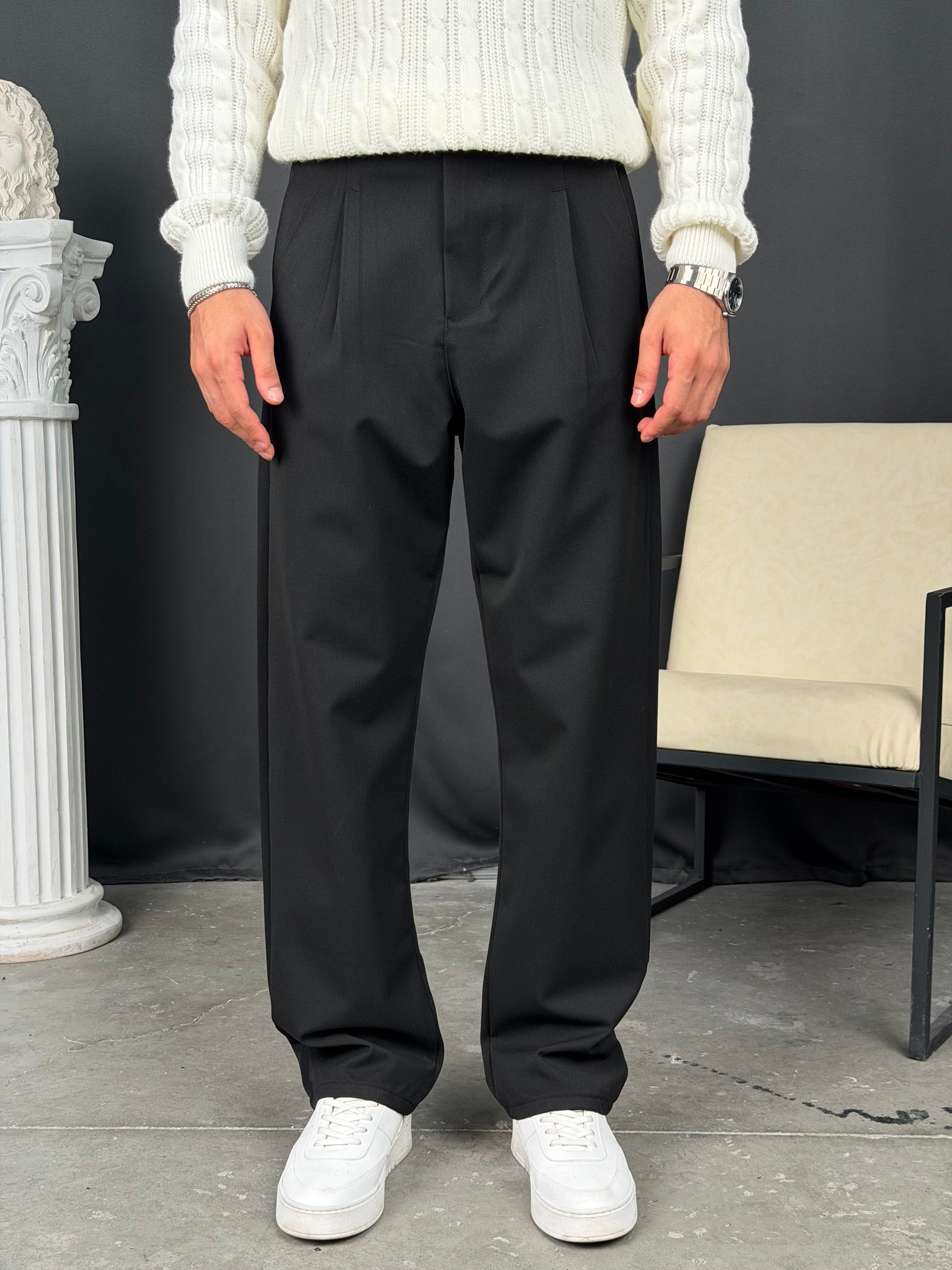 Kışlık Pileli Gabardin Baggy Pantolon Siyah