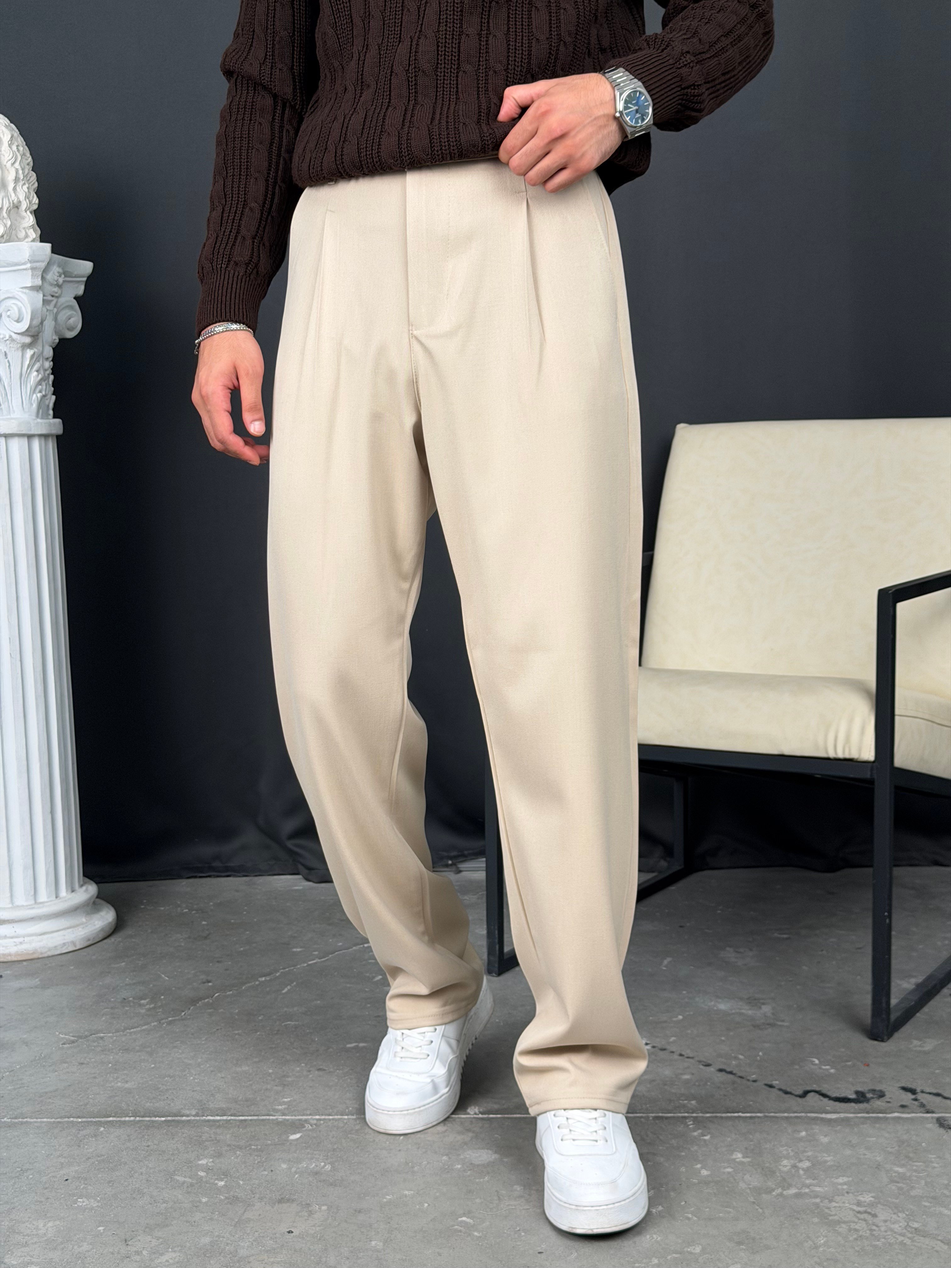 Kışlık Pileli Gabardin Baggy Pantolon Bej