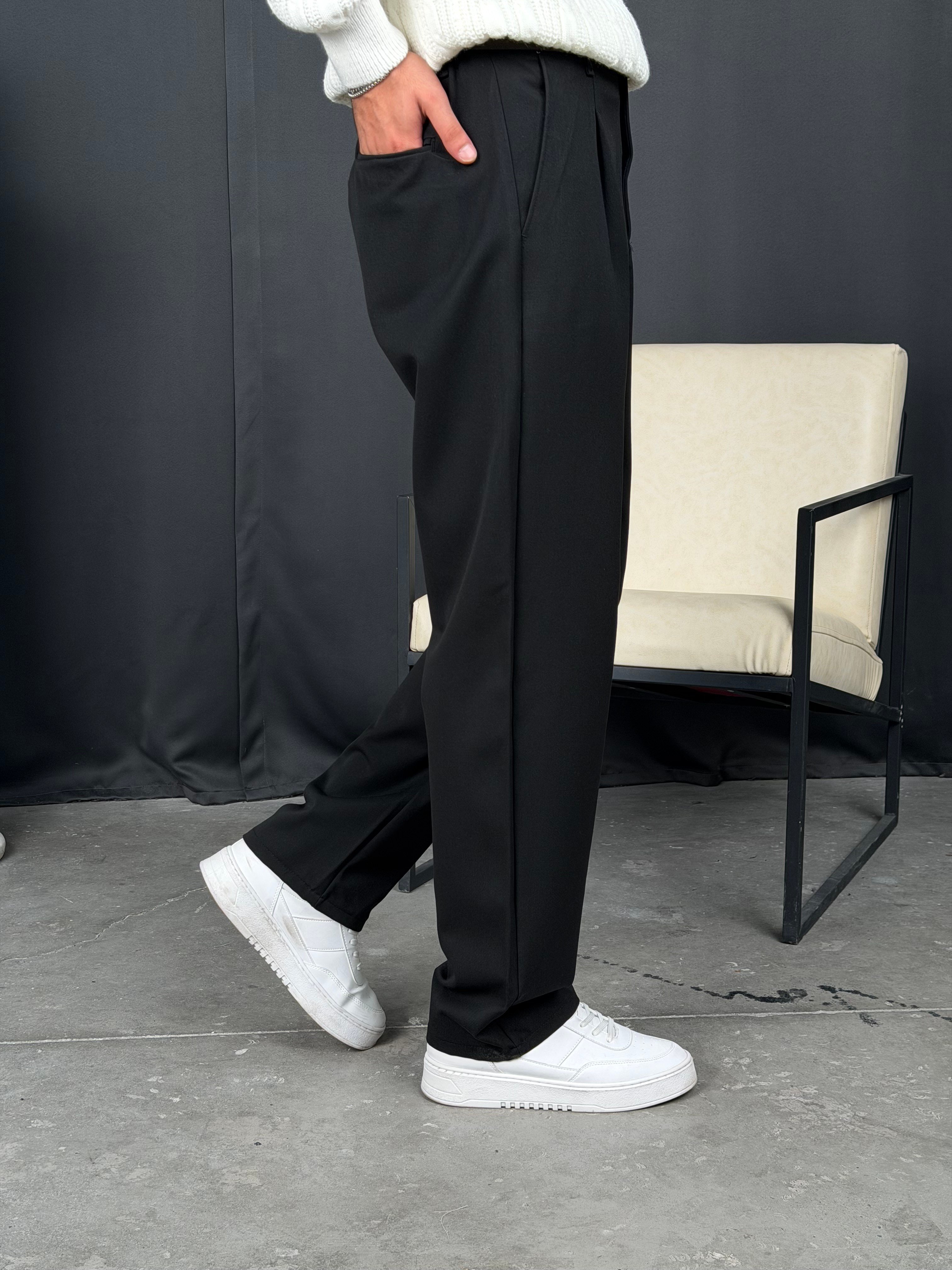 Kışlık Pileli Gabardin Baggy Pantolon Siyah
