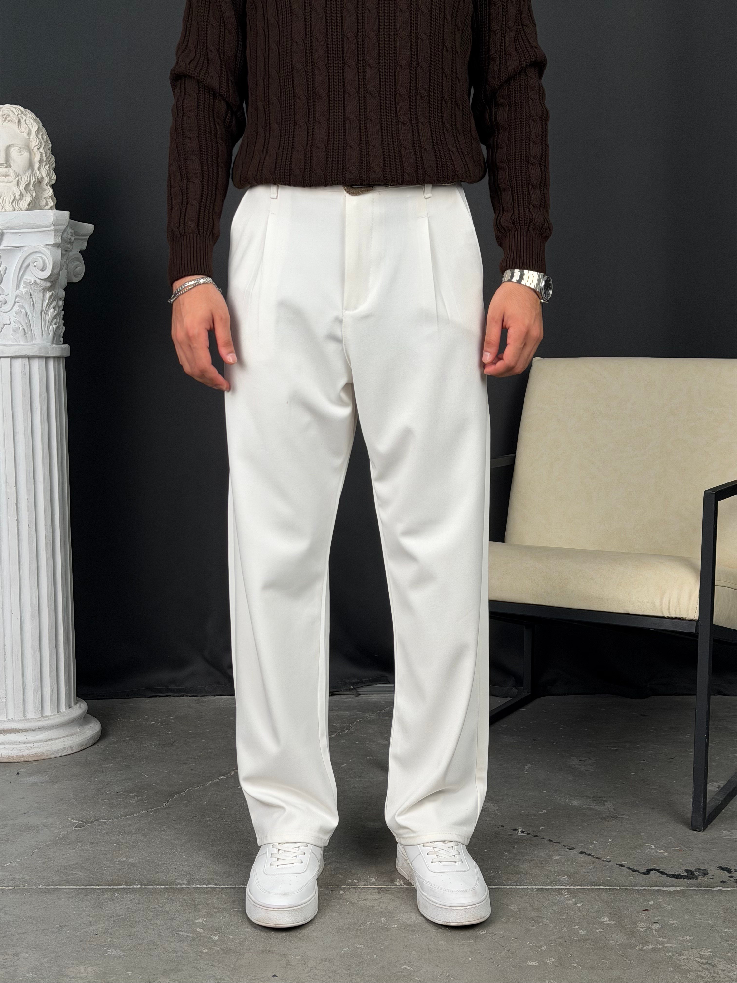 Kışlık Pileli Gabardin Baggy Pantolon Beyaz