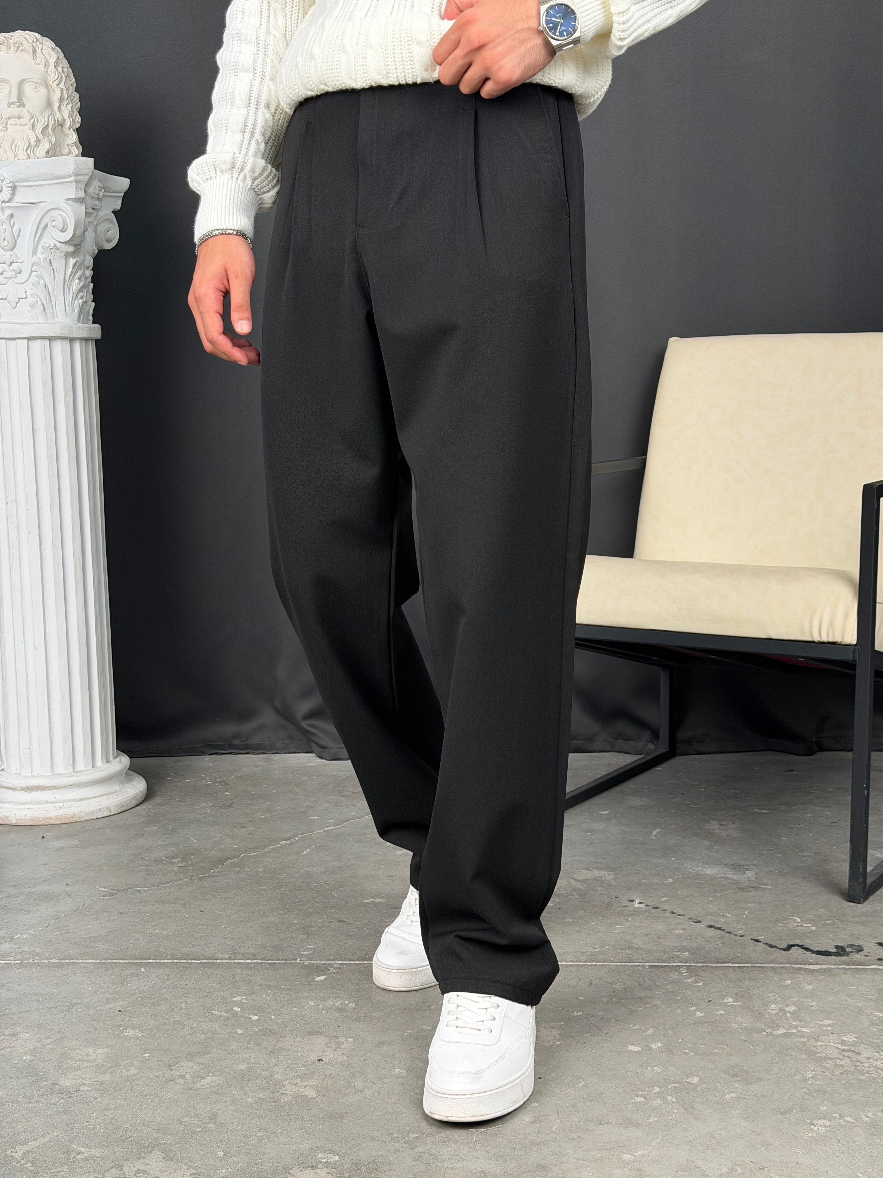 Kışlık Pileli Gabardin Baggy Pantolon Siyah