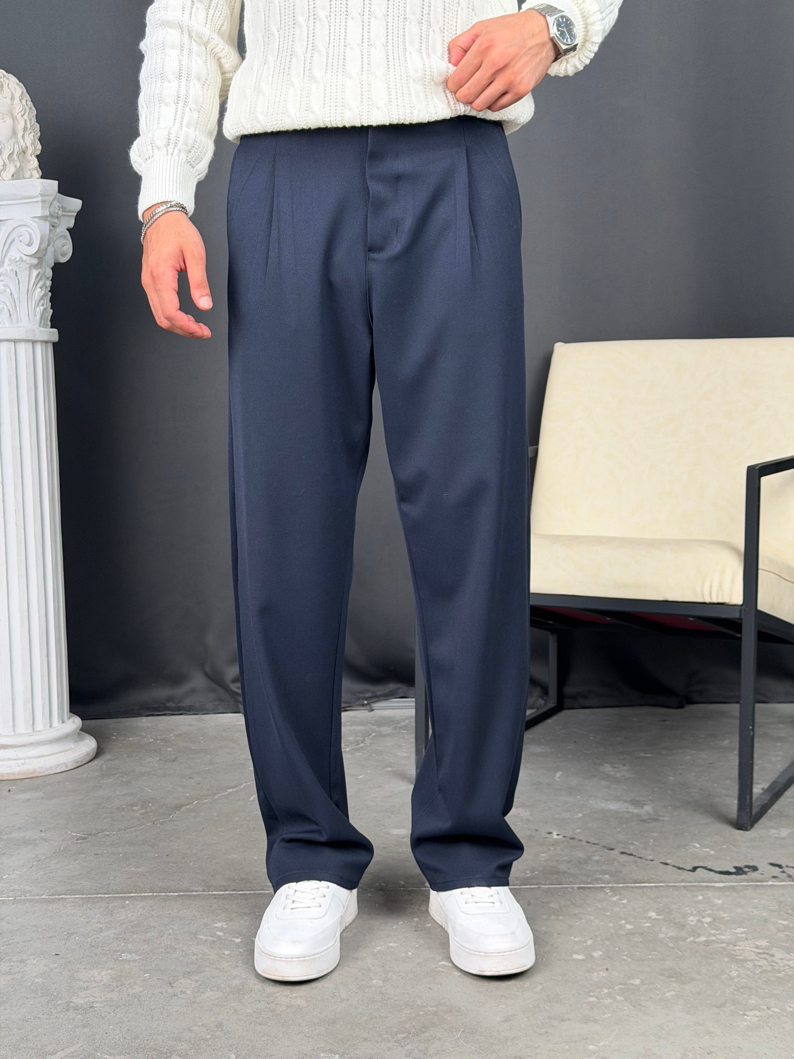 Kışlık Pileli Gabardin Baggy Pantolon Lacivert