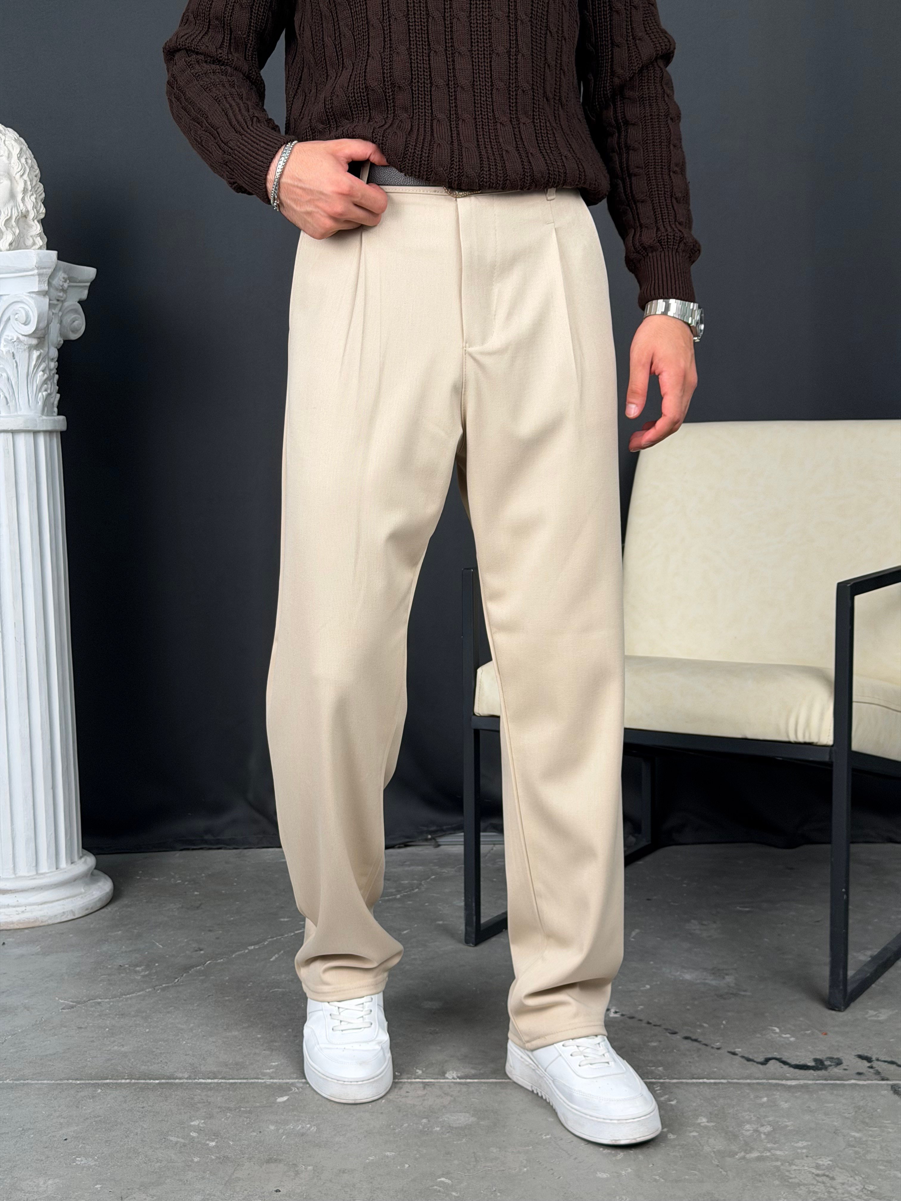 Kışlık Pileli Gabardin Baggy Pantolon Bej