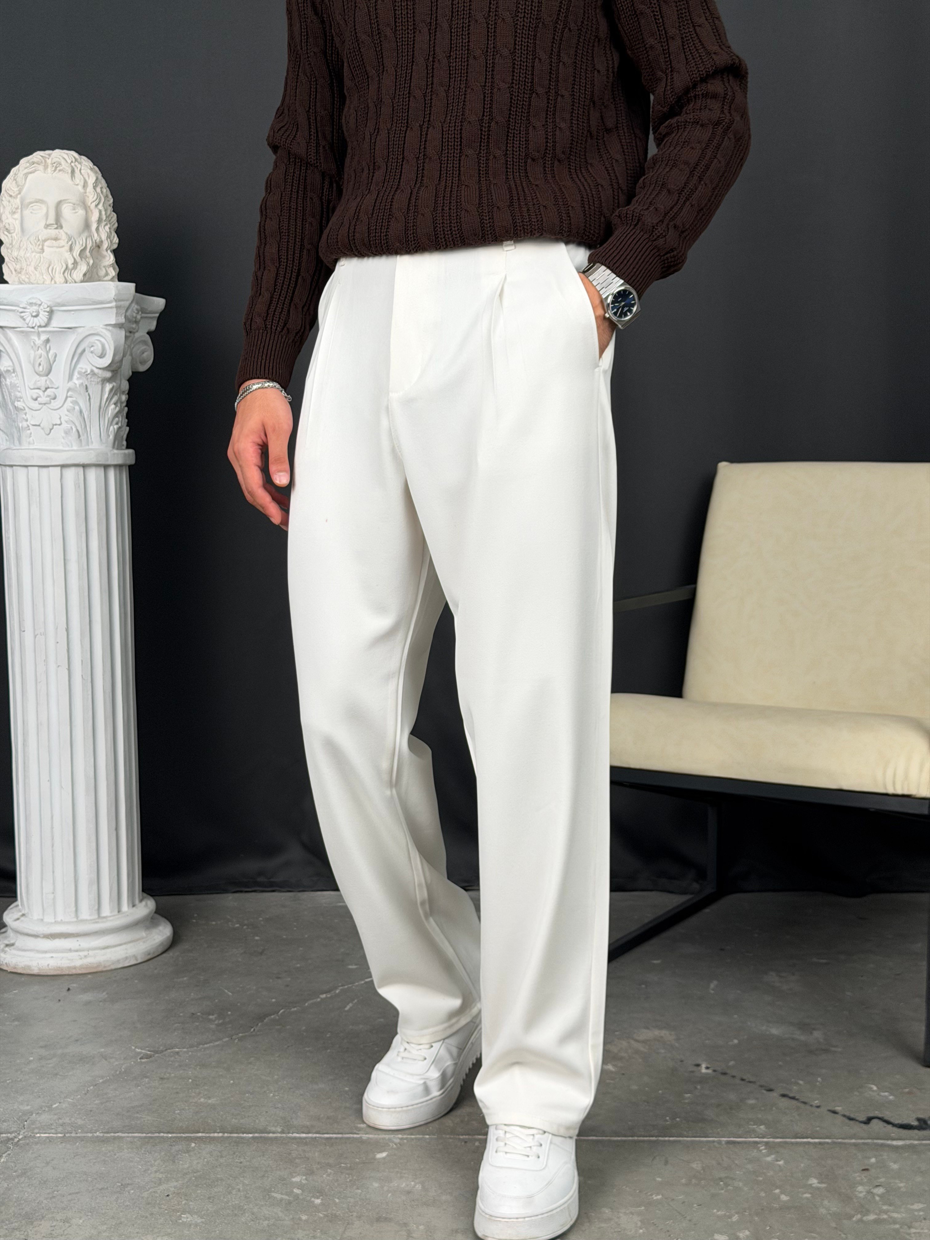 Kışlık Pileli Gabardin Baggy Pantolon Beyaz
