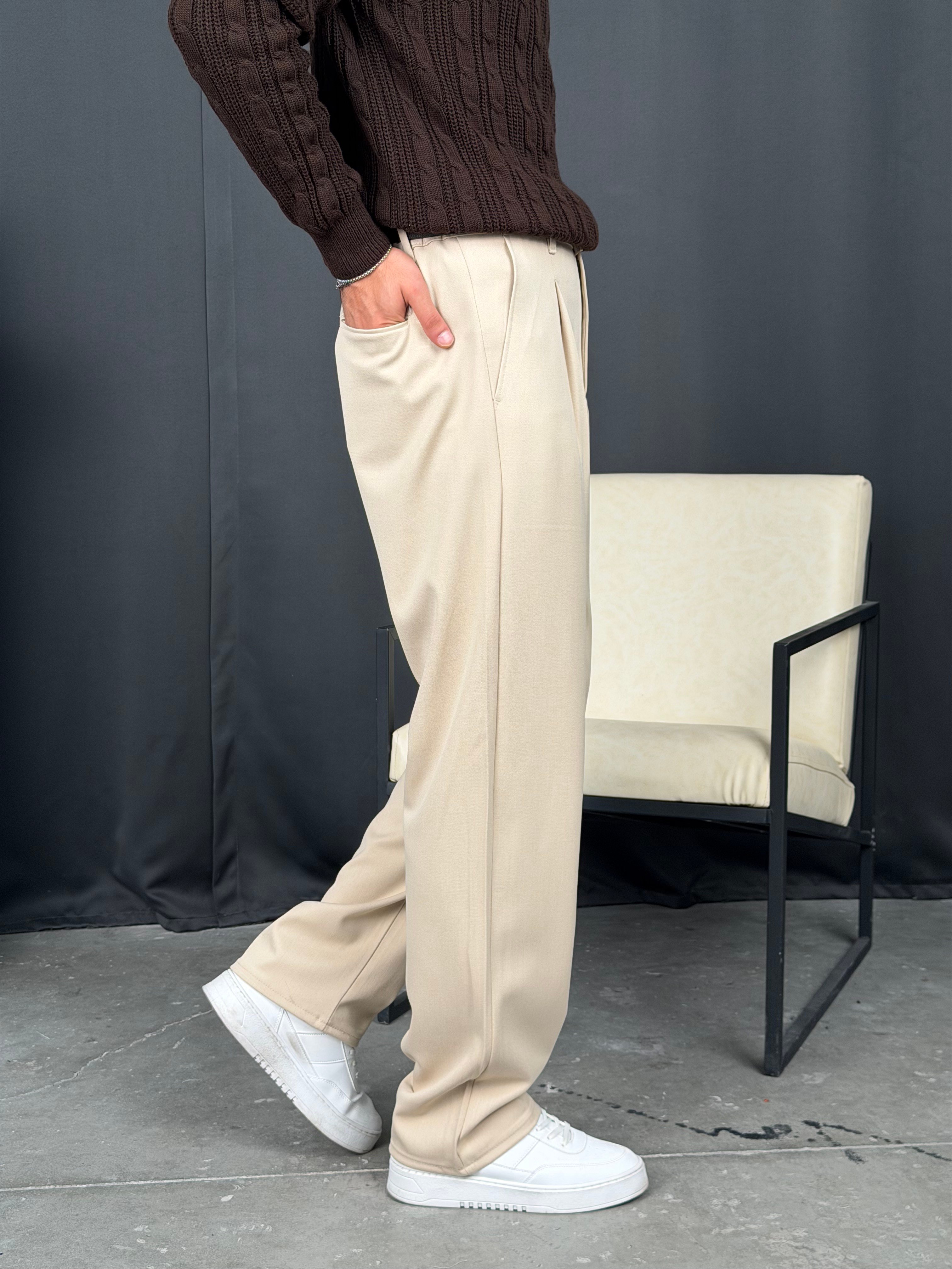 Kışlık Pileli Gabardin Baggy Pantolon Bej