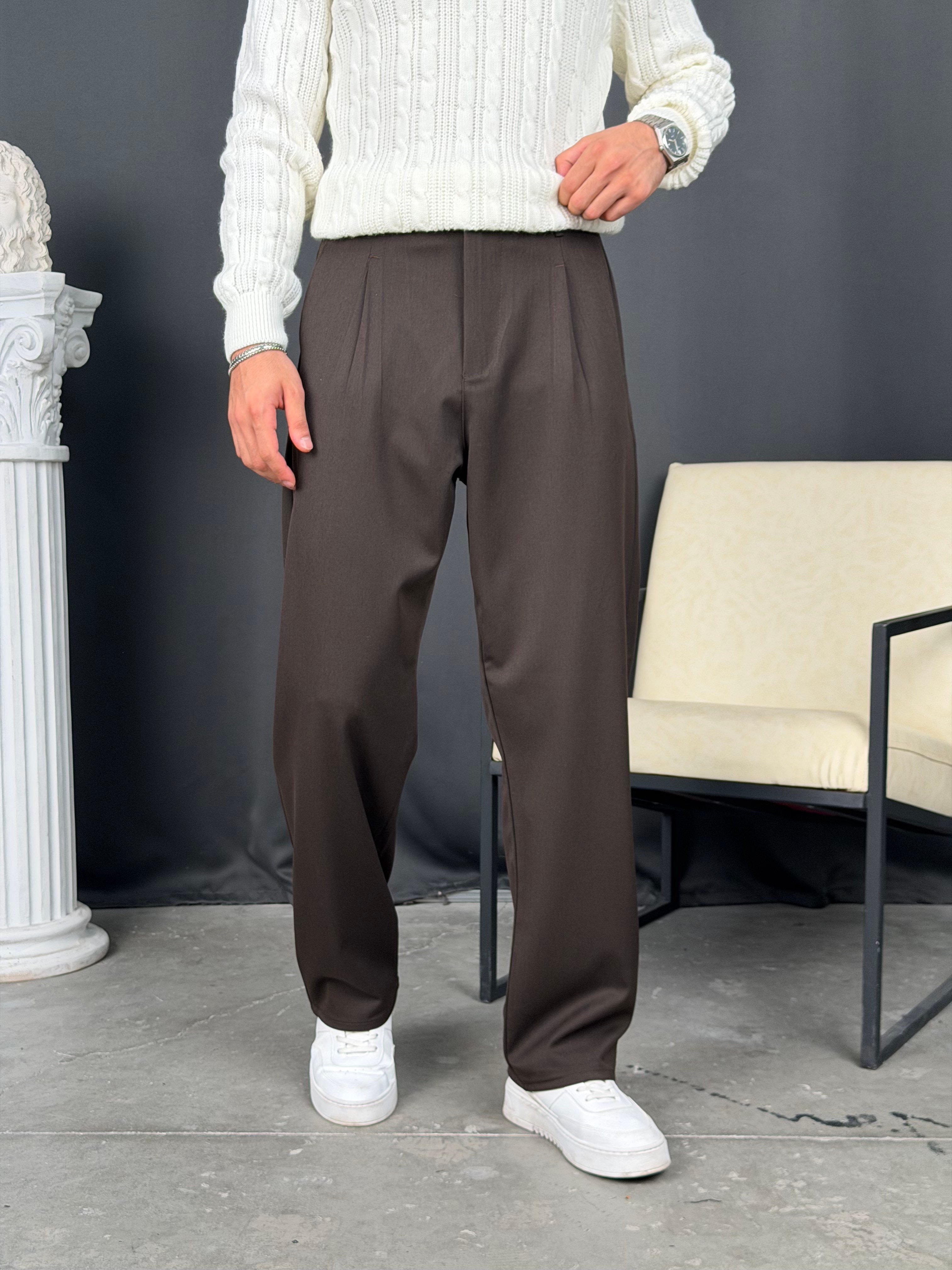 Kışlık Pileli Gabardin Baggy Pantolon Kahve