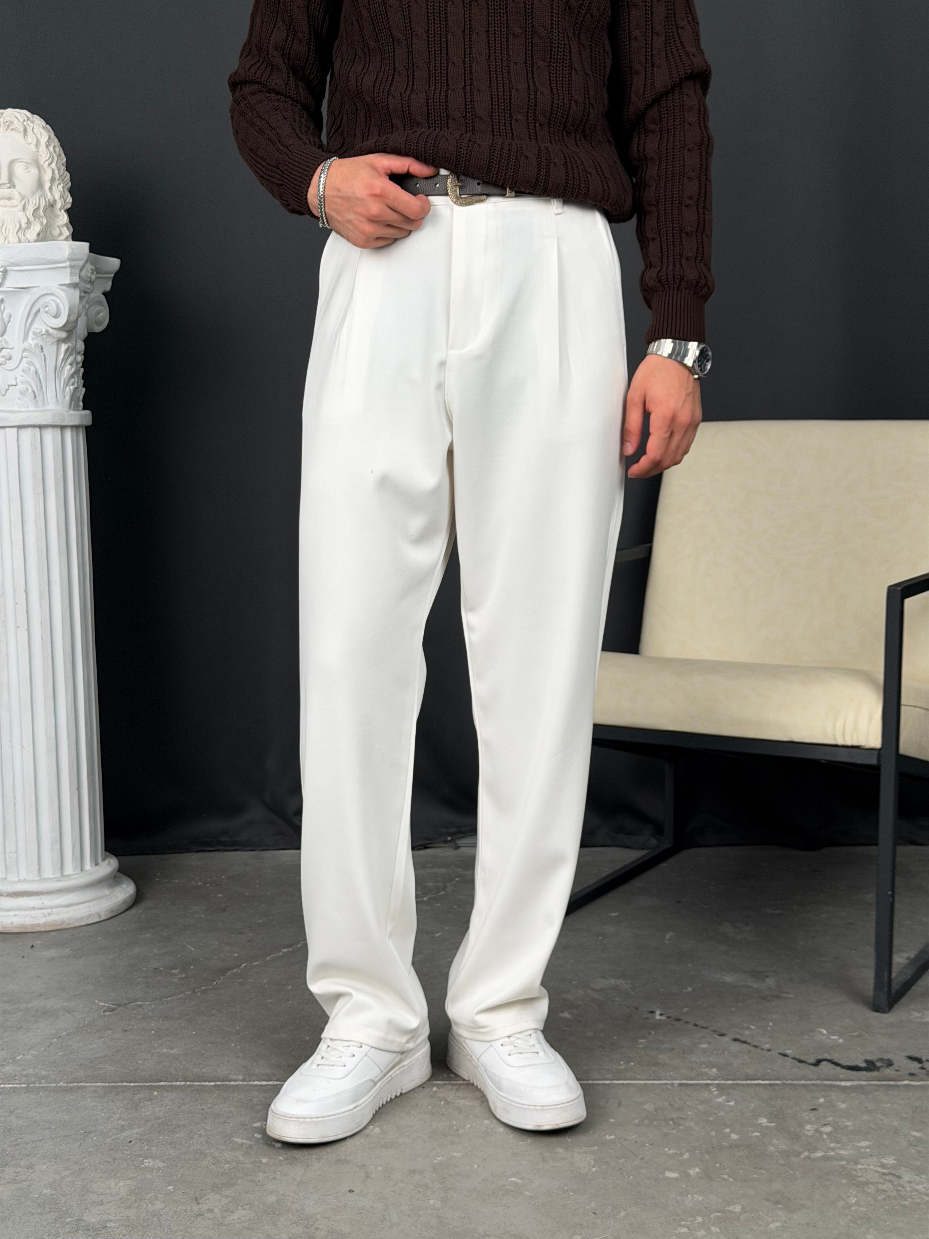 Kışlık Pileli Gabardin Baggy Pantolon Beyaz