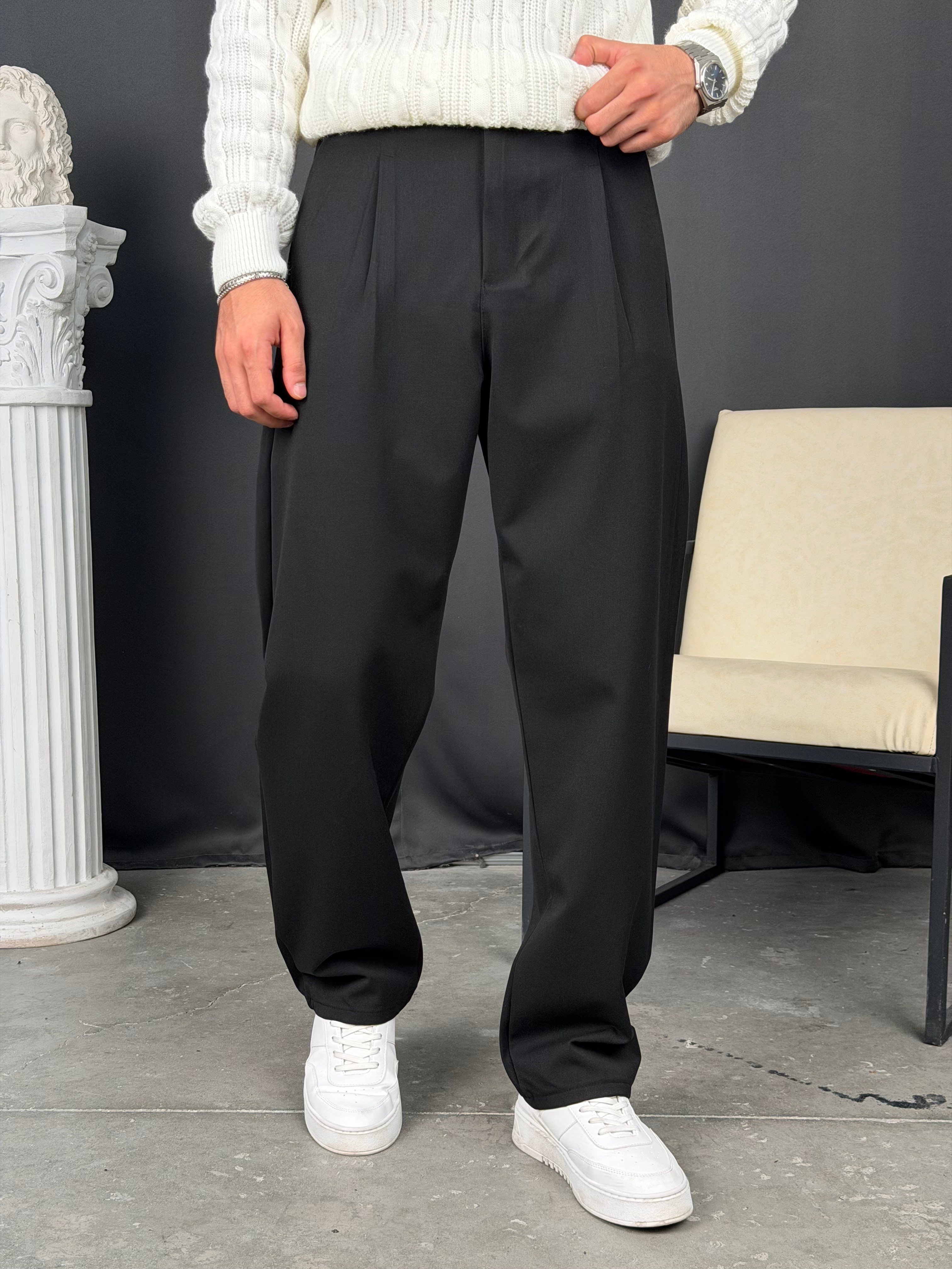 Kışlık Pileli Gabardin Baggy Pantolon Siyah