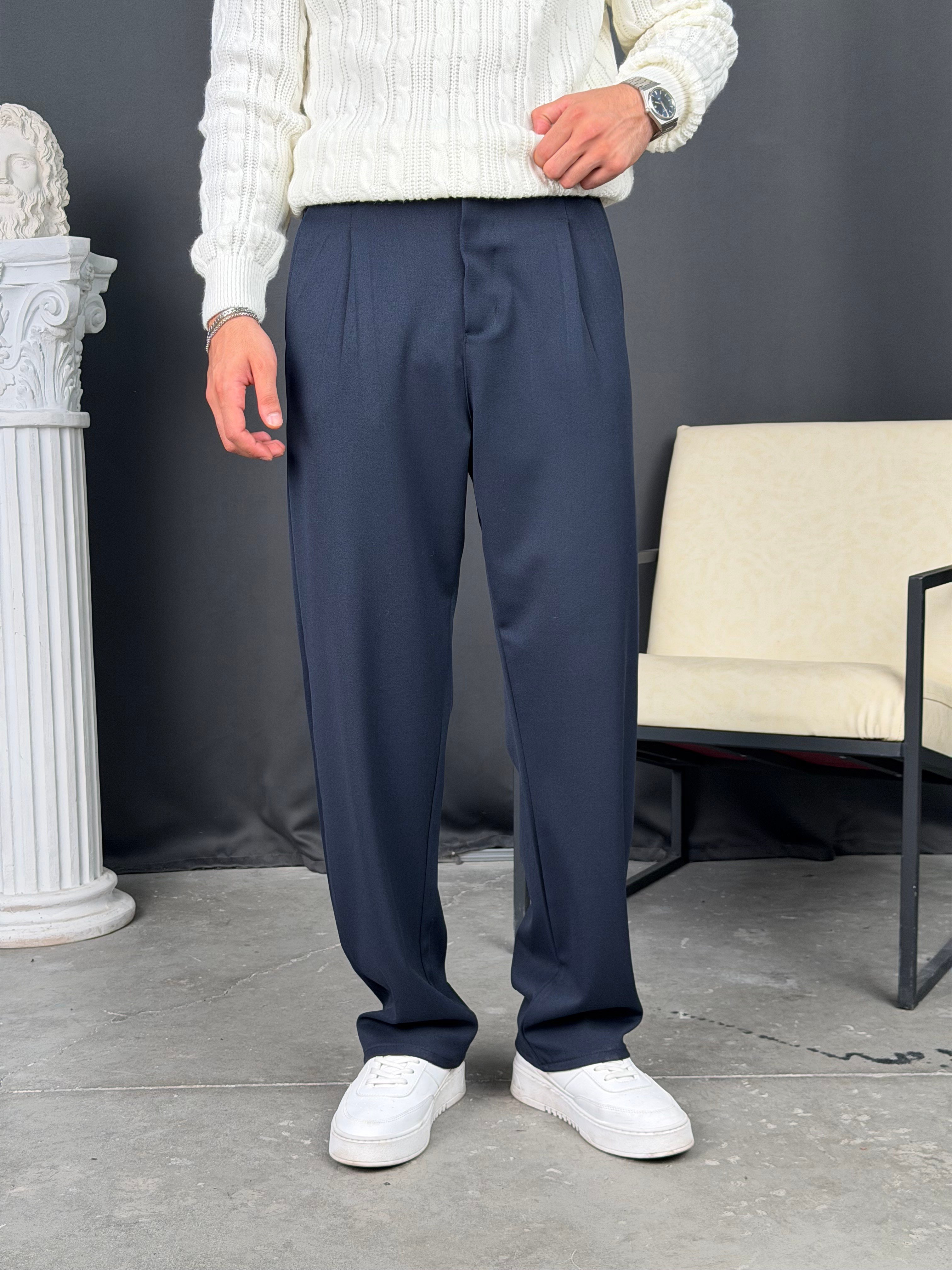 Kışlık Pileli Gabardin Baggy Pantolon Lacivert