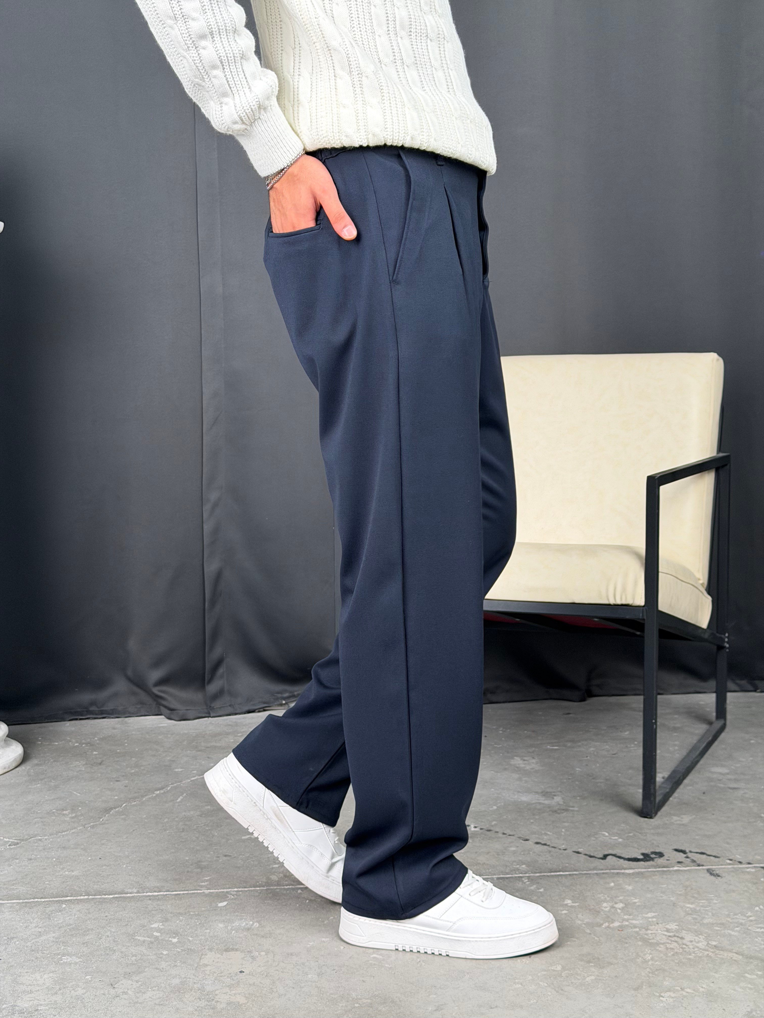 Kışlık Pileli Gabardin Baggy Pantolon Lacivert