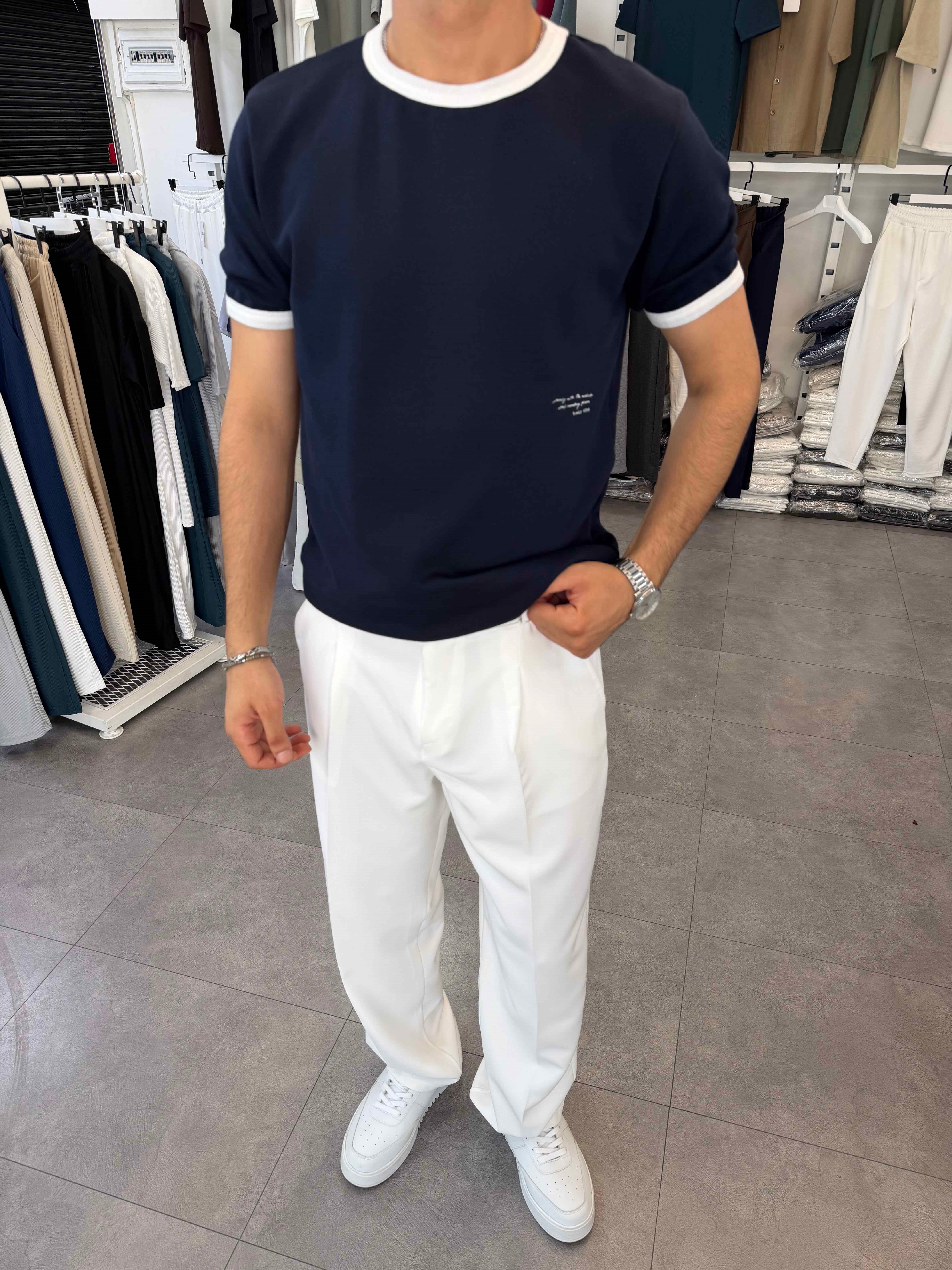 Kol ve Yaka Detaylı Regular Tişört Lacivert