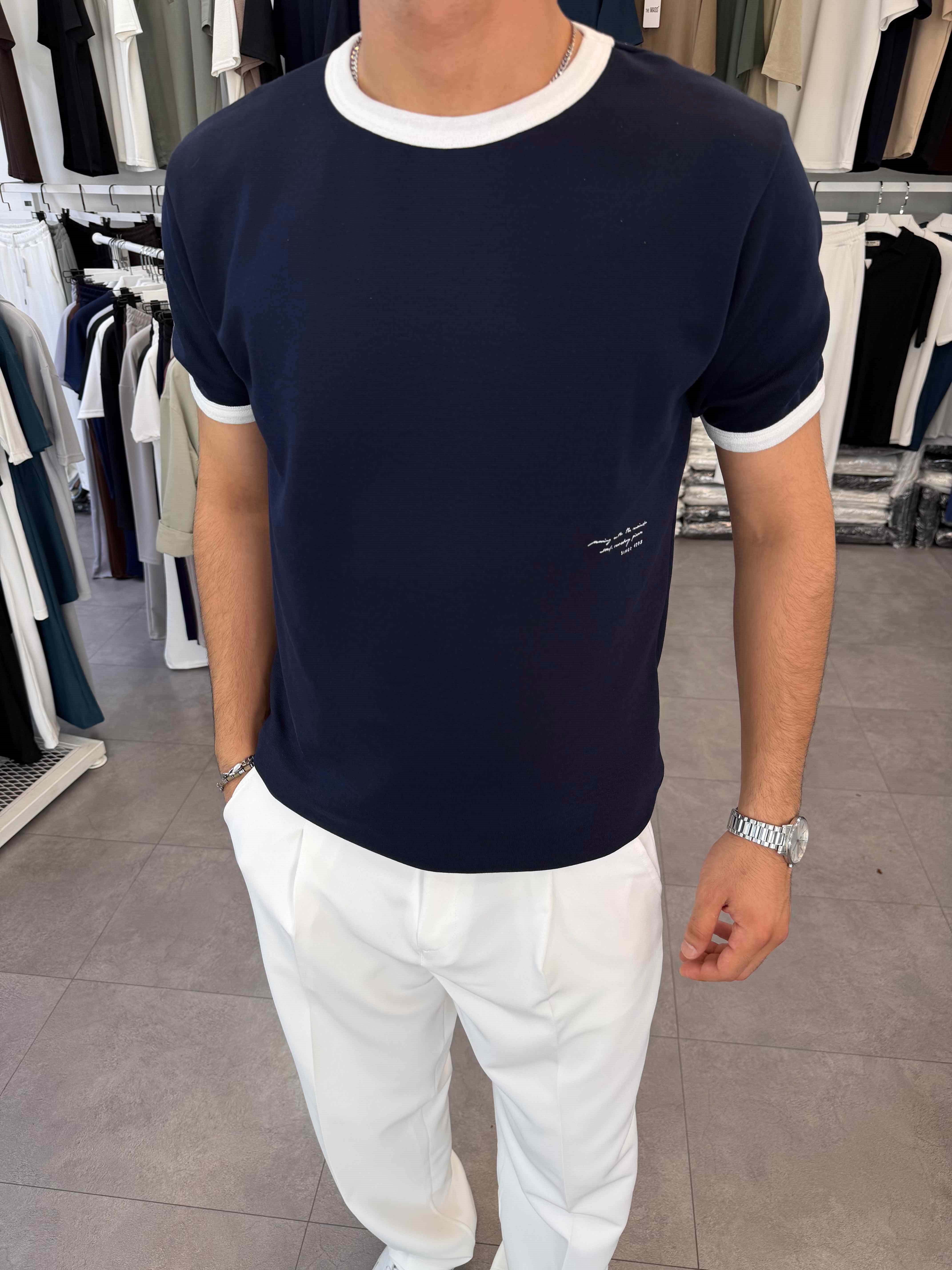 Kol ve Yaka Detaylı Regular Tişört Lacivert