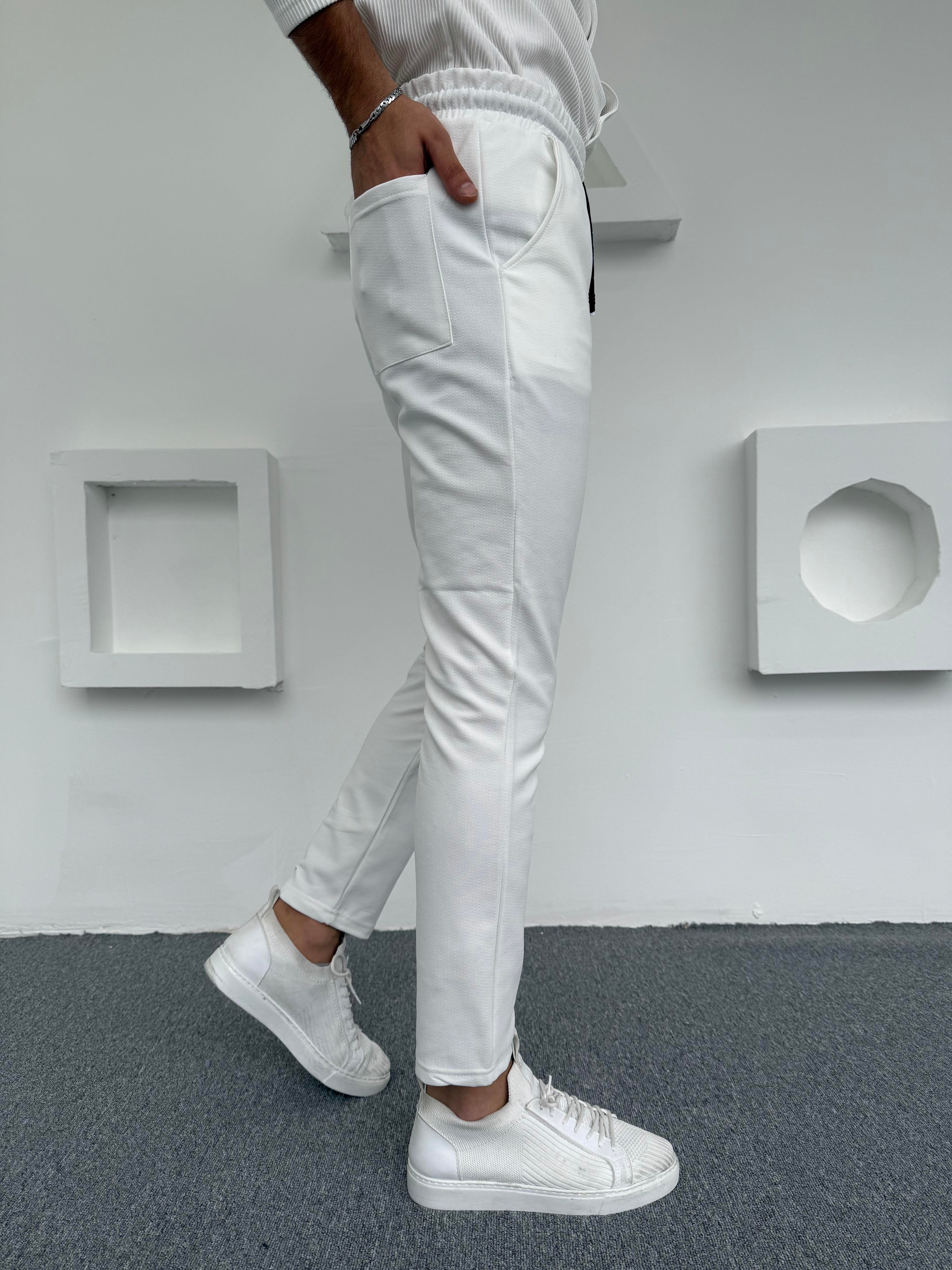 Krep Şardonlu Jogger Pantolon Beyaz
