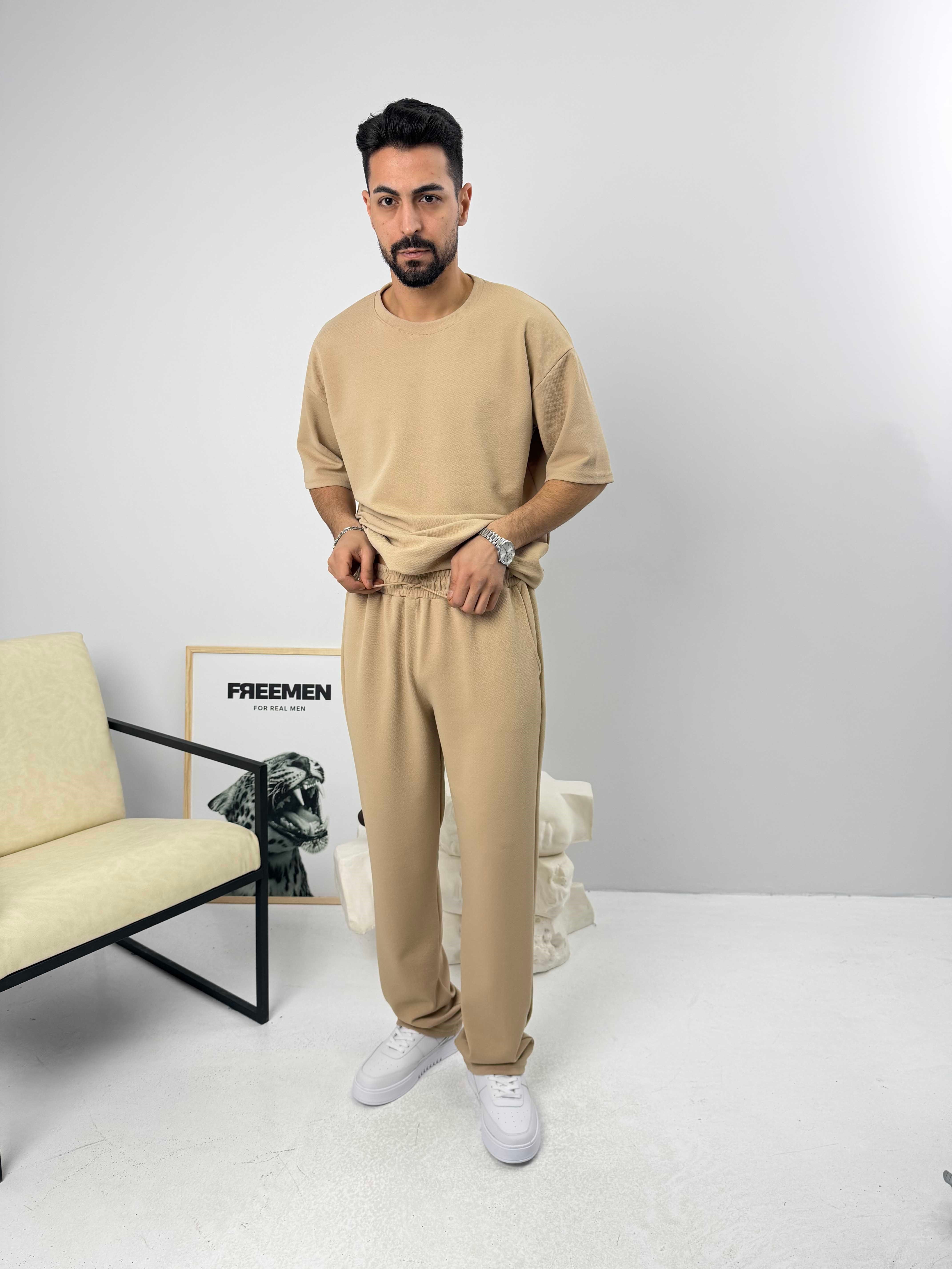 Oversize Basic Krep Takım Bej