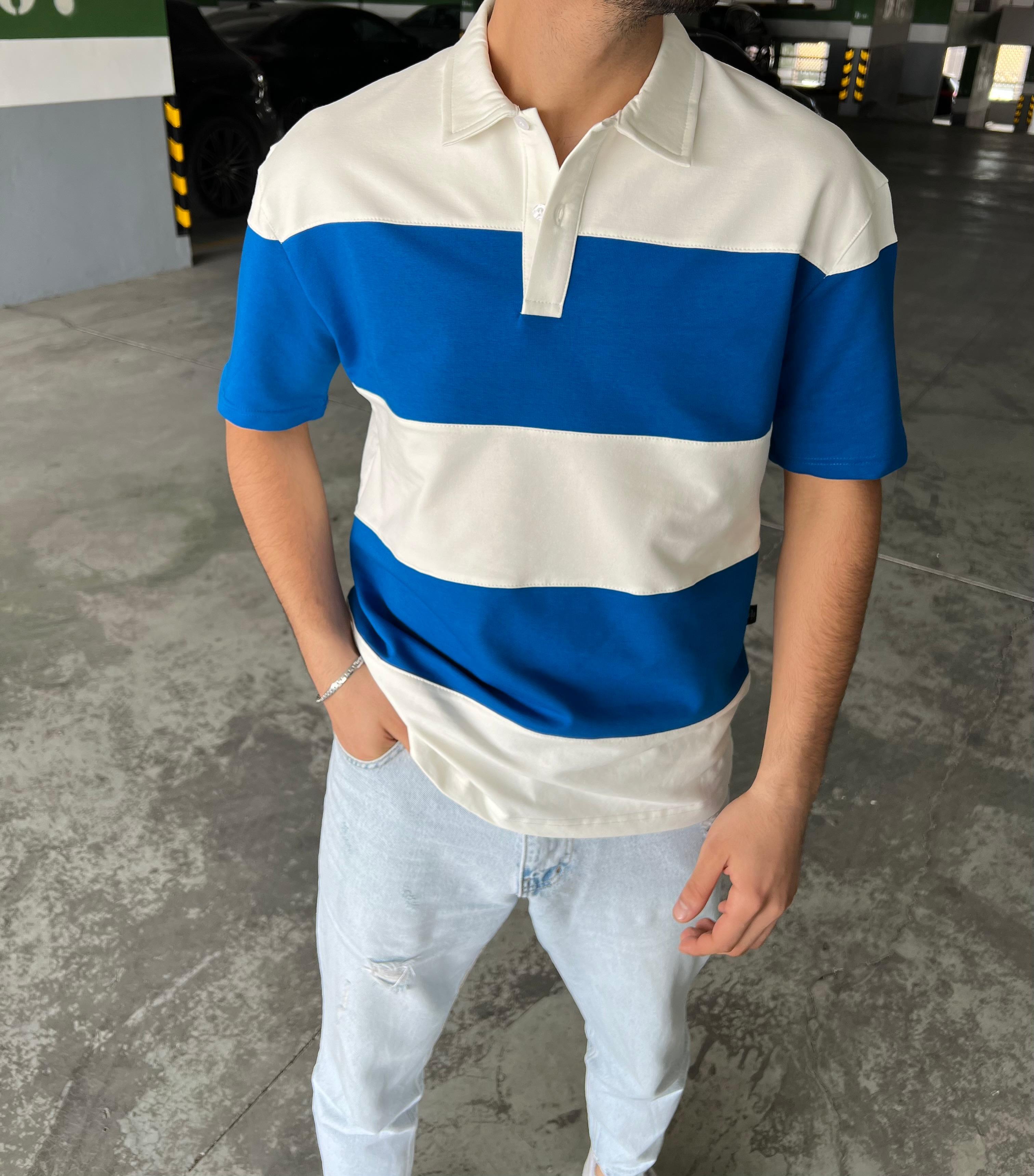 Oversize Çizgi Detaylı Tişört Mavi