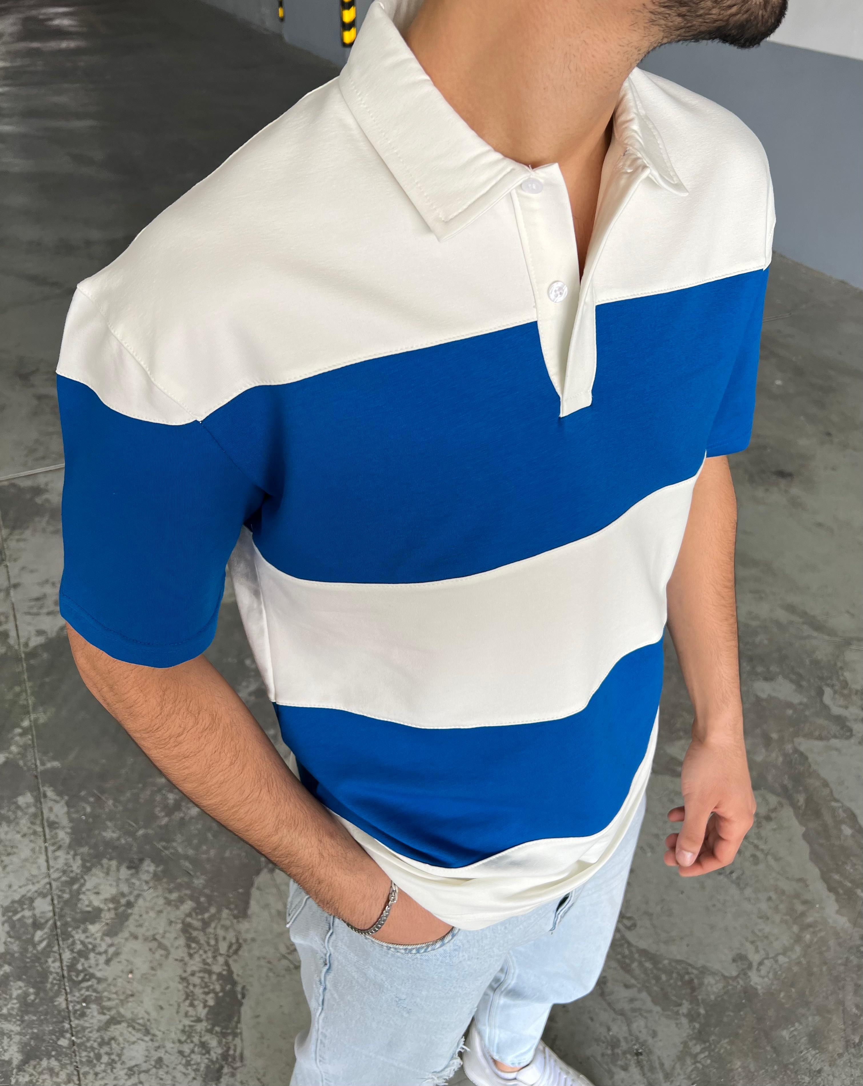 Oversize Çizgi Detaylı Tişört Mavi