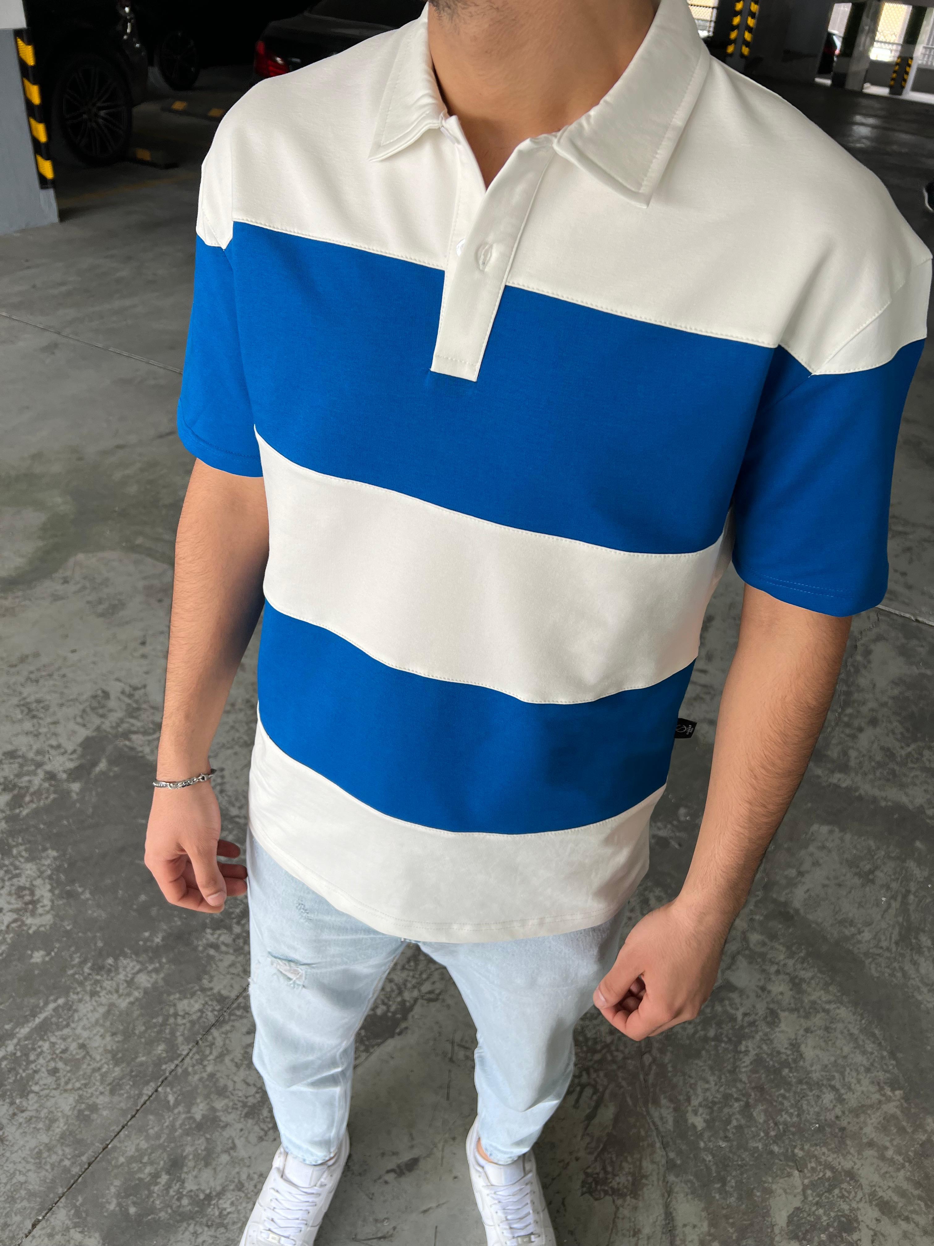 Oversize Çizgi Detaylı Tişört Mavi