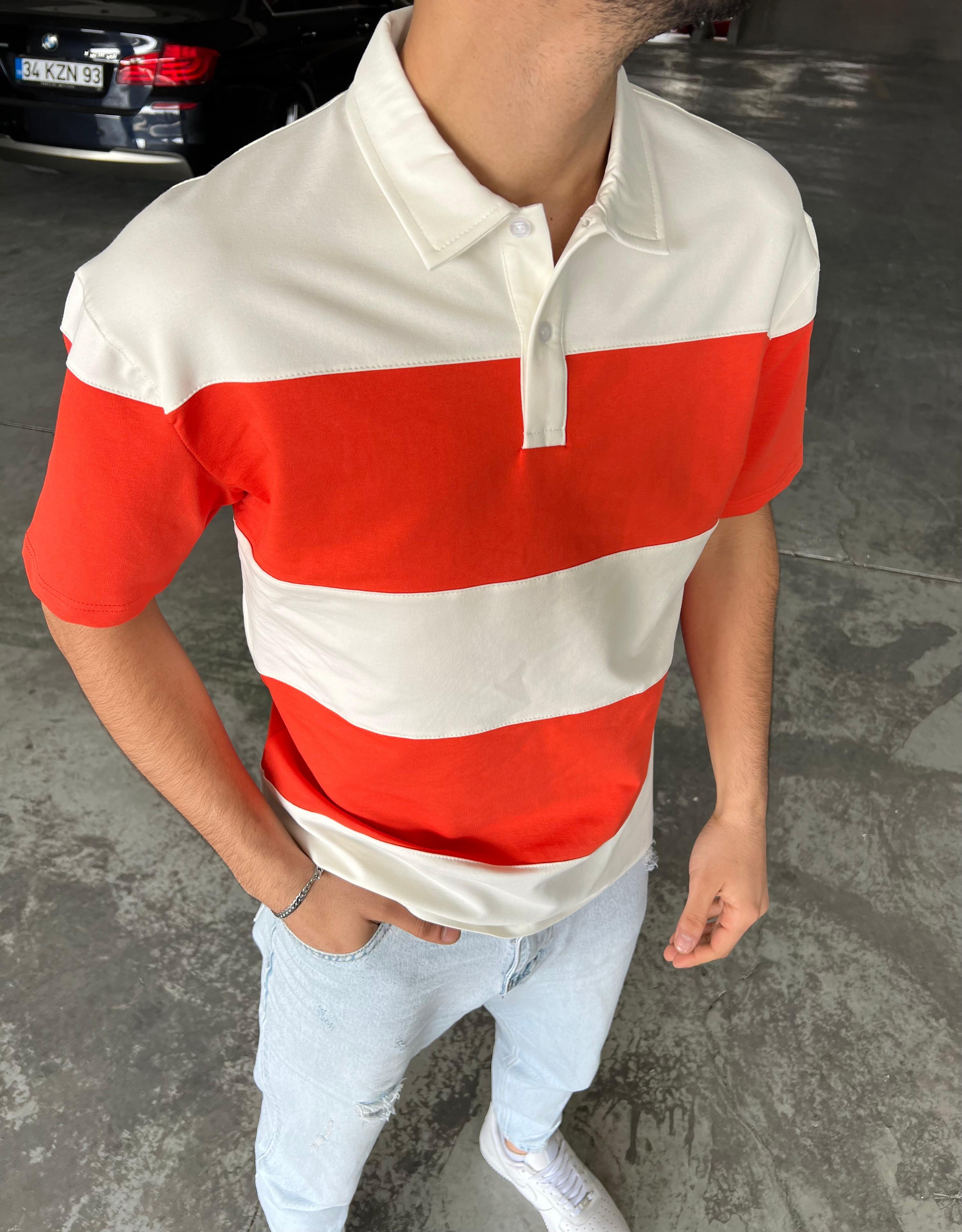 Oversize Çizgi Detaylı Tişört Turuncu